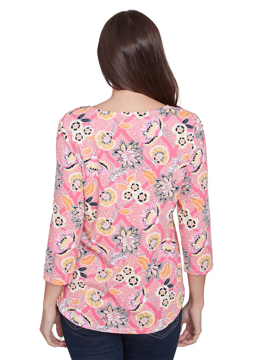 Womens Floral Asymmetric Neckline Knit Top