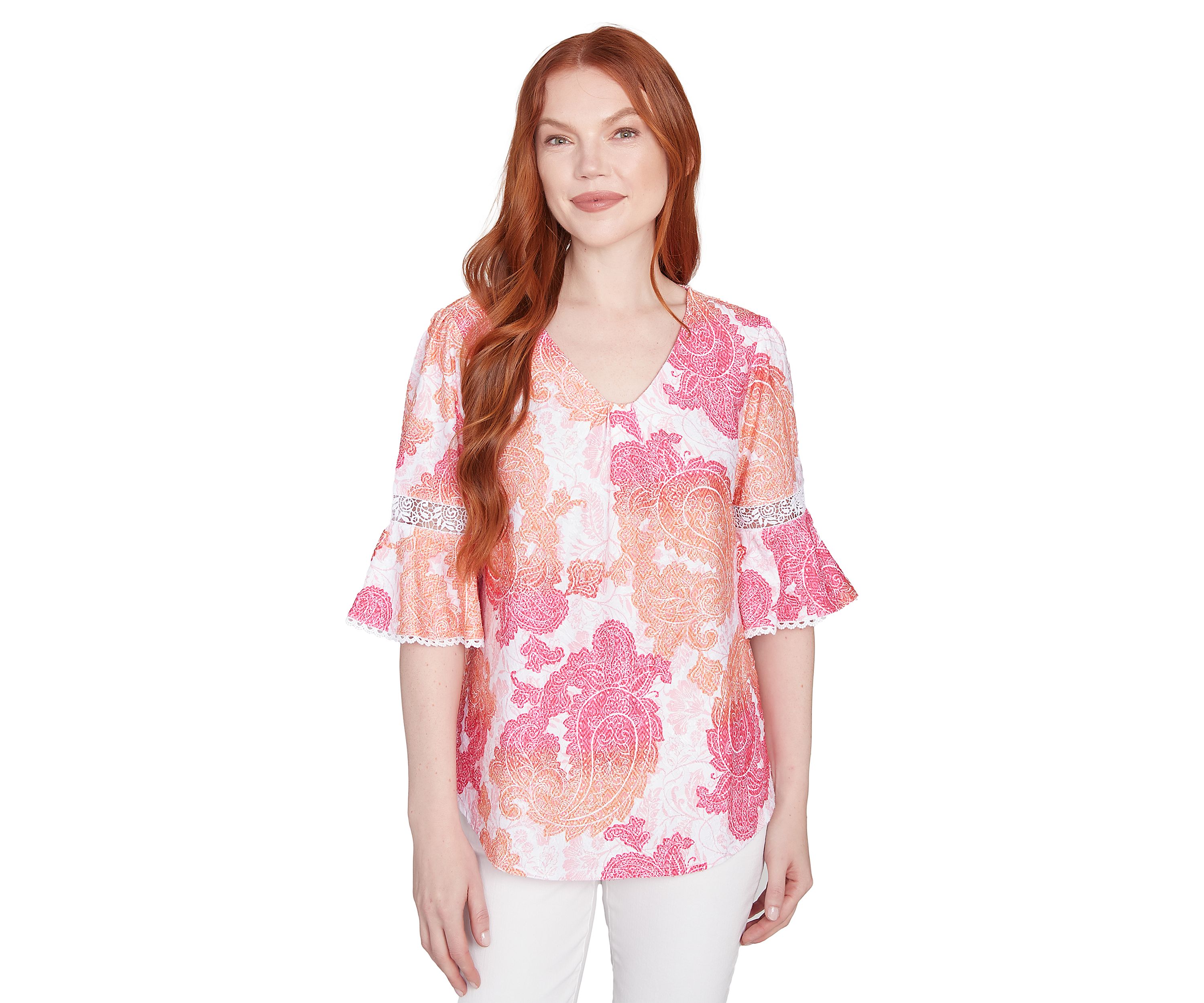Womens Paisley Textured V-Neck T-Shirt