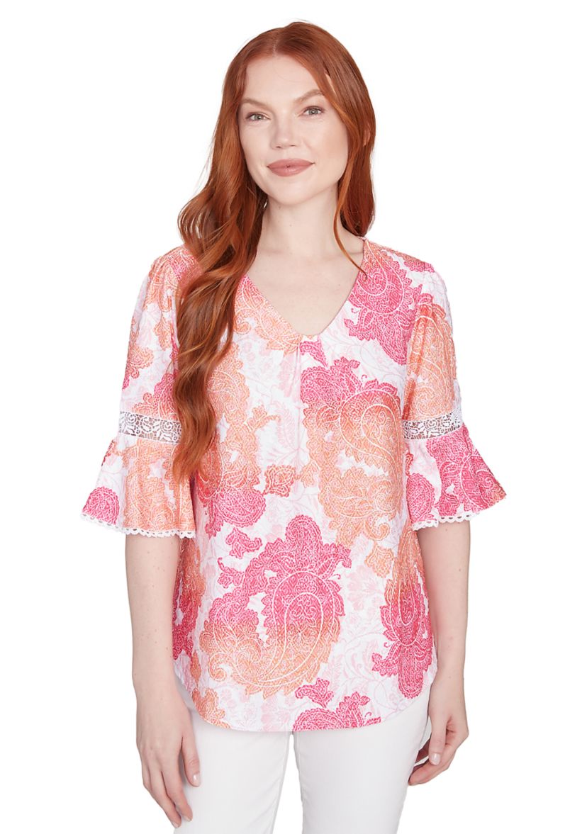 Womens Paisley Textured V-Neck T-Shirt
