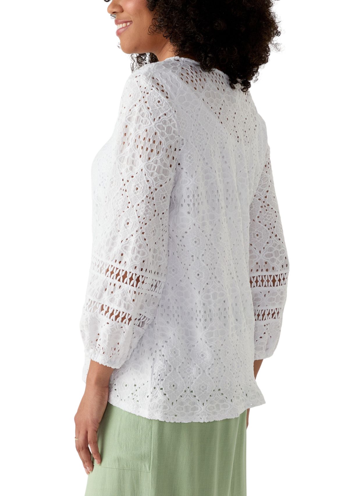 Womens Diamond Eyelet Solid Lined Crinkle Knit Top