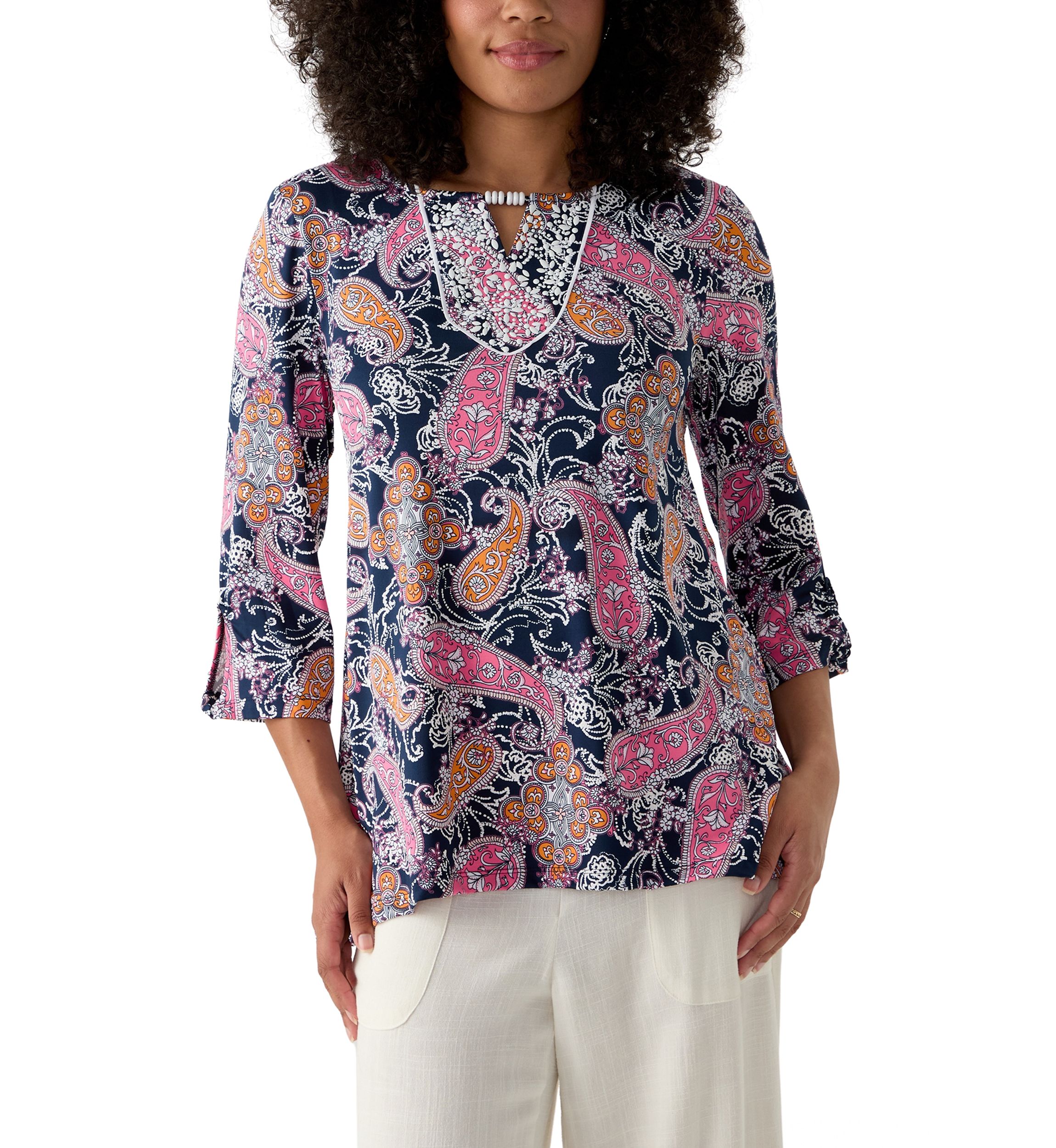 Womens Paisley Puff Print Beaded Neck Knit Top
