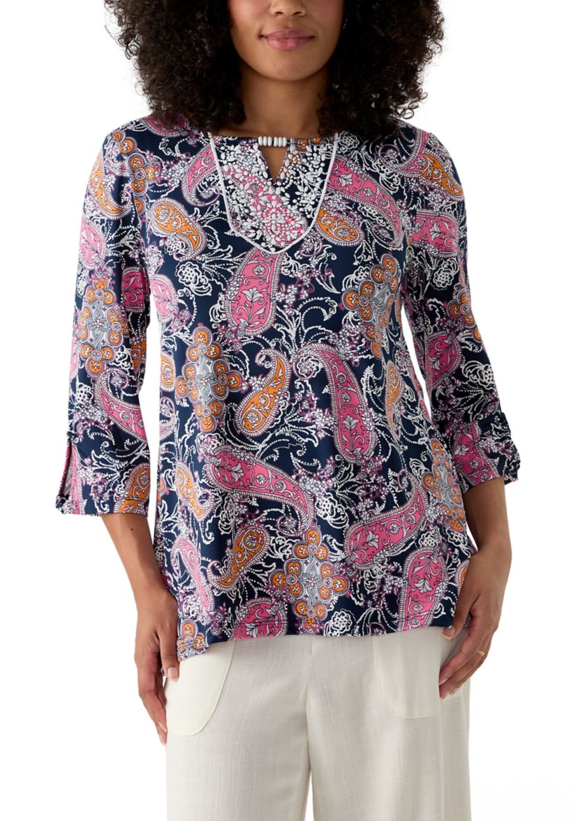 Womens Paisley Puff Print Beaded Neck Knit Top