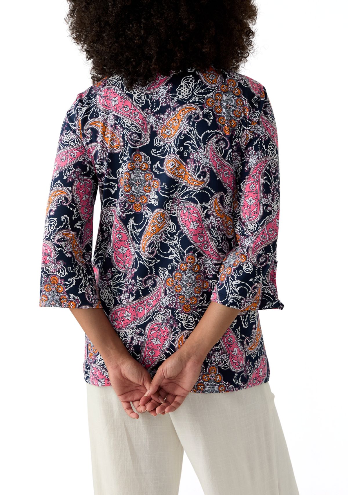 Womens Paisley Puff Print Beaded Neck Knit Top