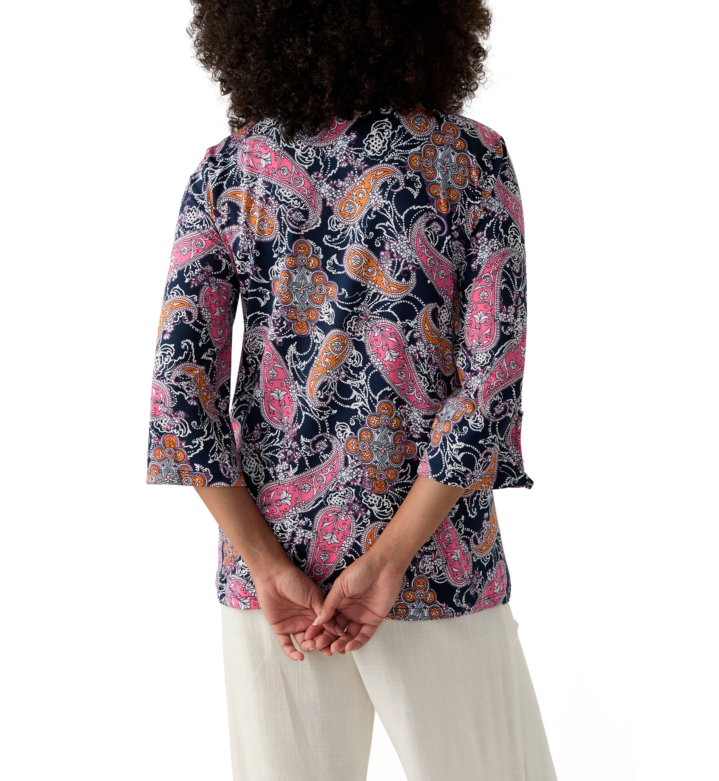 Womens Paisley Puff Print Beaded Neck Knit Top
