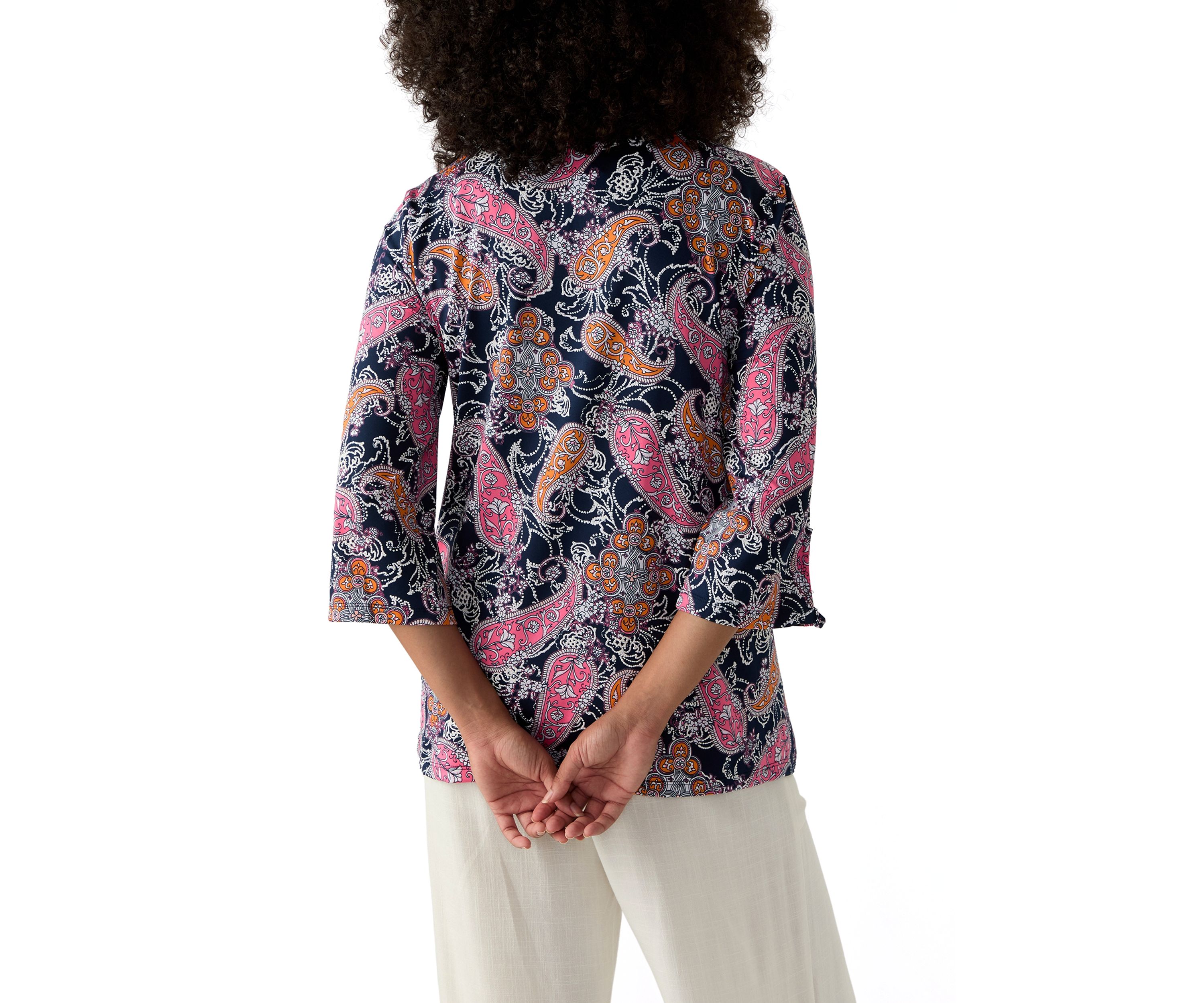 Womens Paisley Puff Print Beaded Neck Knit Top