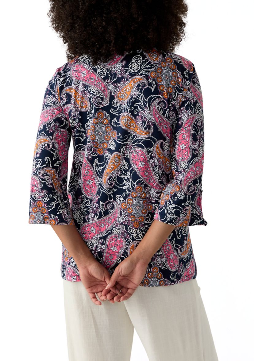 Womens Paisley Puff Print Beaded Neck Knit Top
