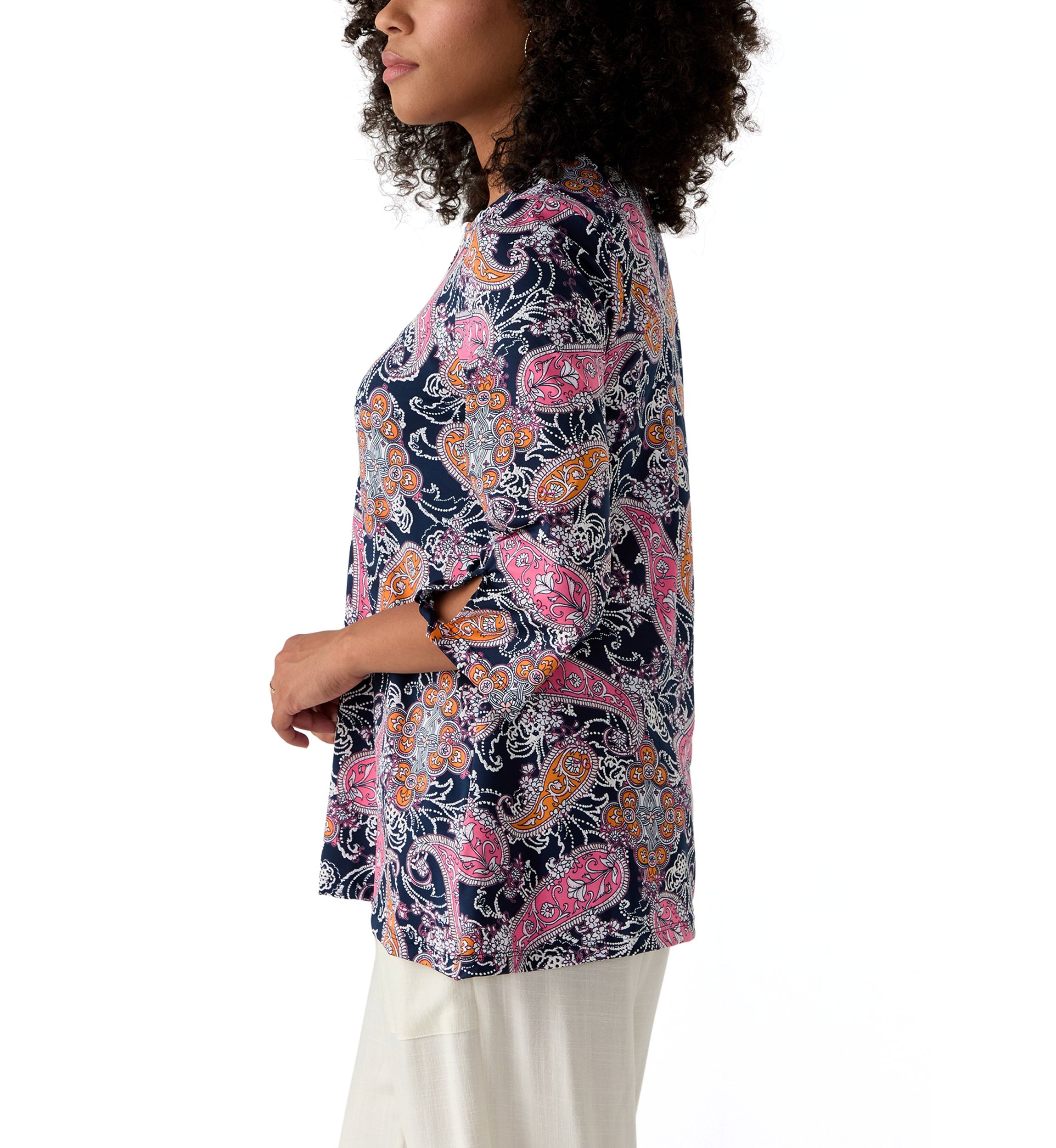 Womens Paisley Puff Print Beaded Neck Knit Top