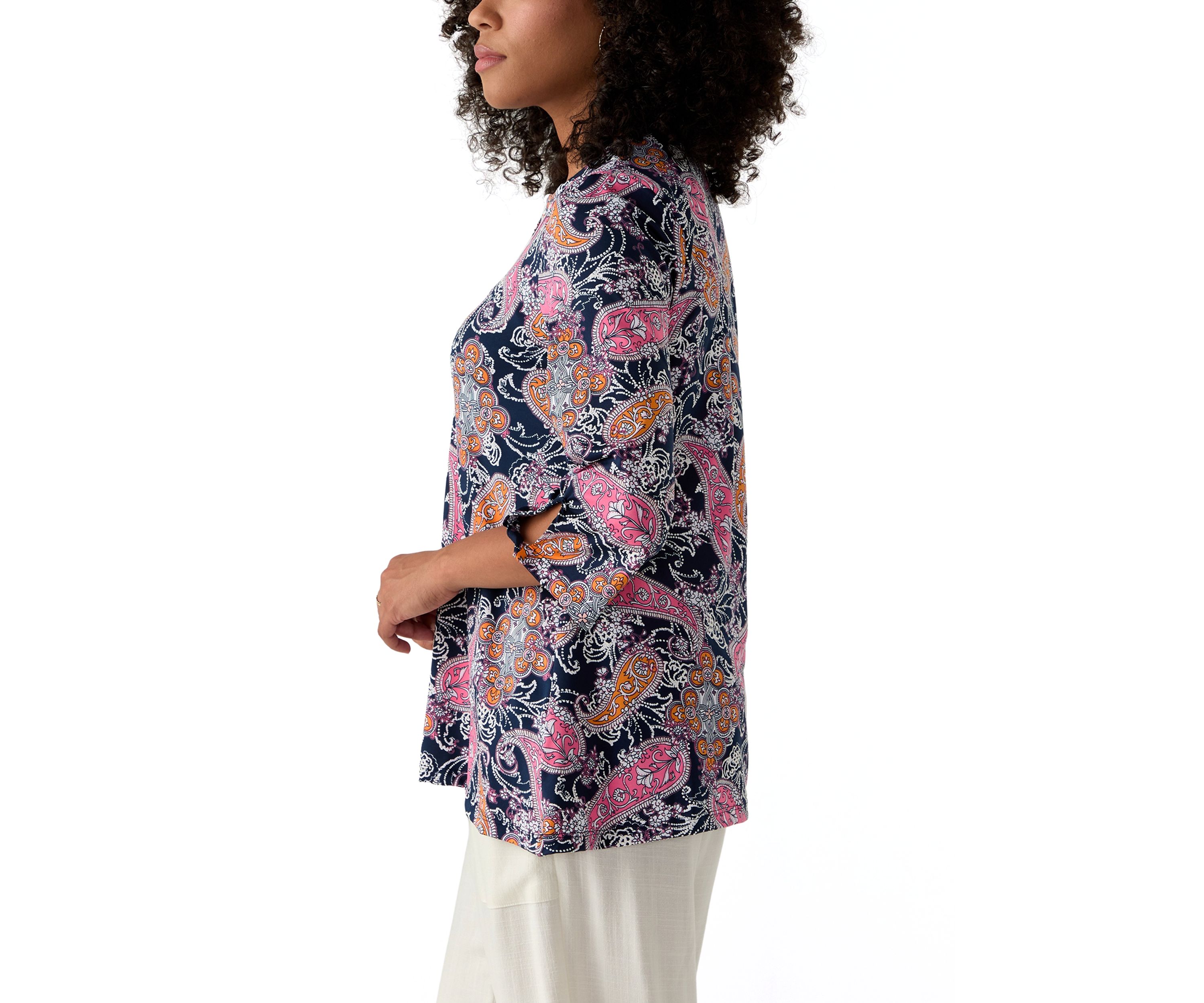 Womens Paisley Puff Print Beaded Neck Knit Top