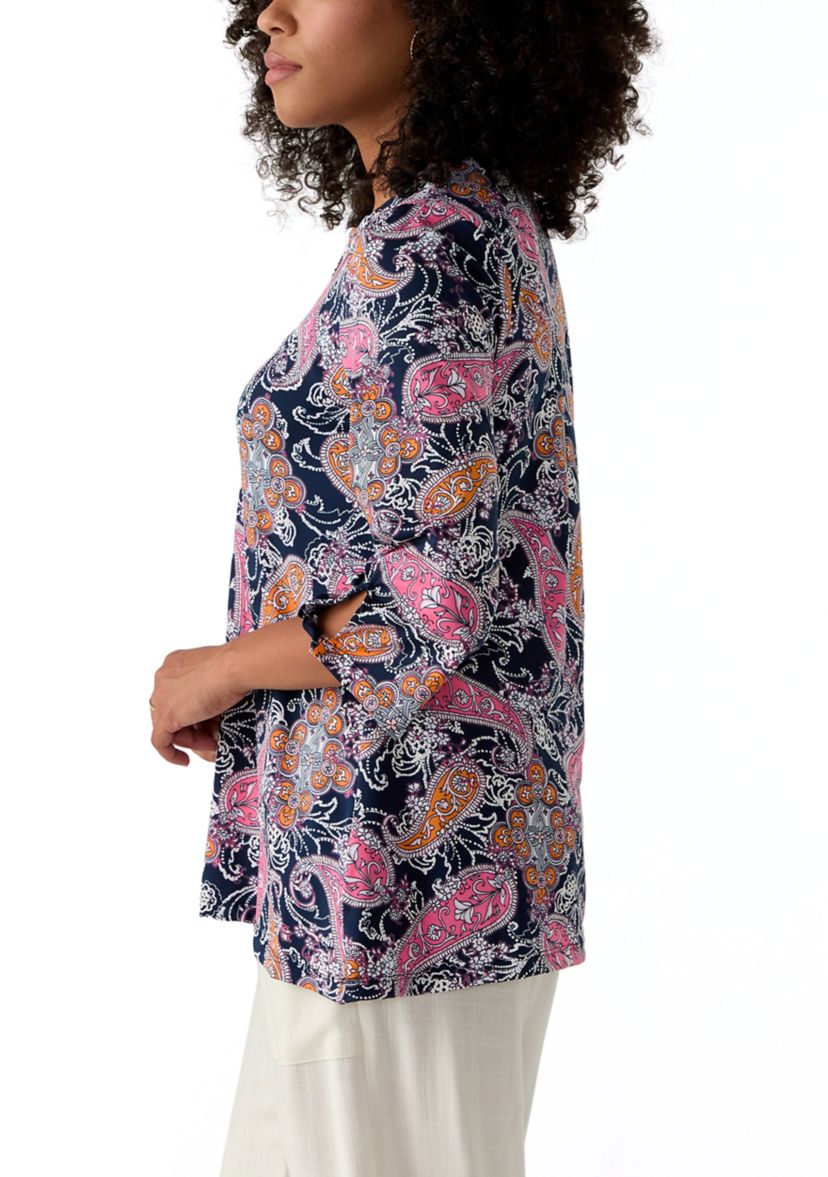 Womens Paisley Puff Print Beaded Neck Knit Top