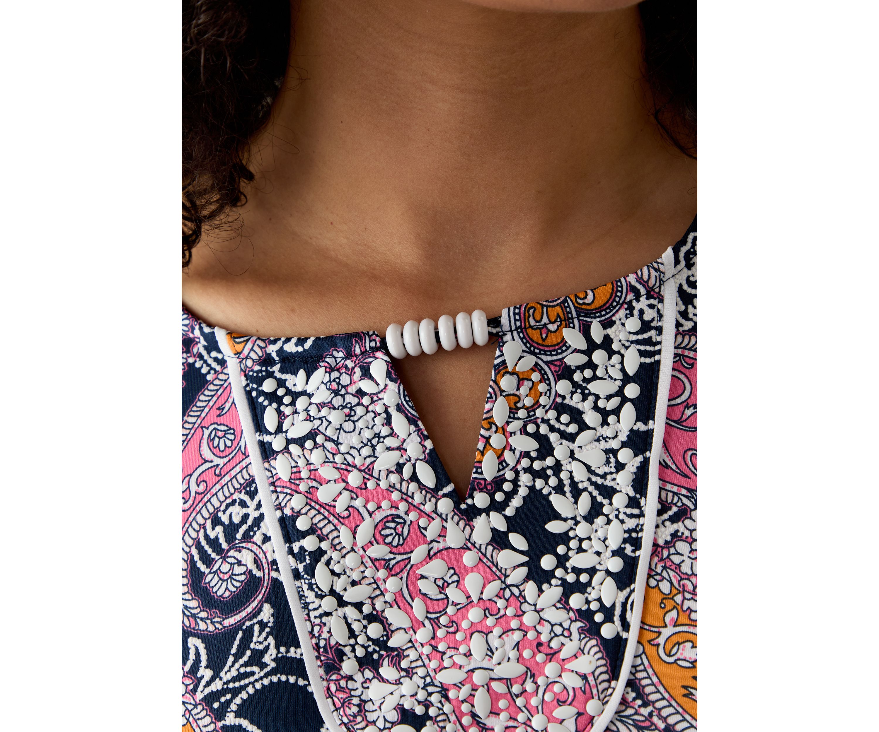 Womens Paisley Puff Print Beaded Neck Knit Top