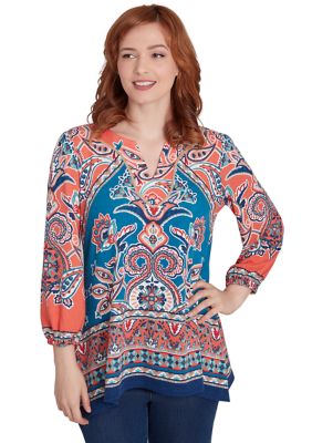 Ruby Rd Women's Embellished Split Neck Baroque Motif Printed Hatchi Knit Top with Balloon Sleeves