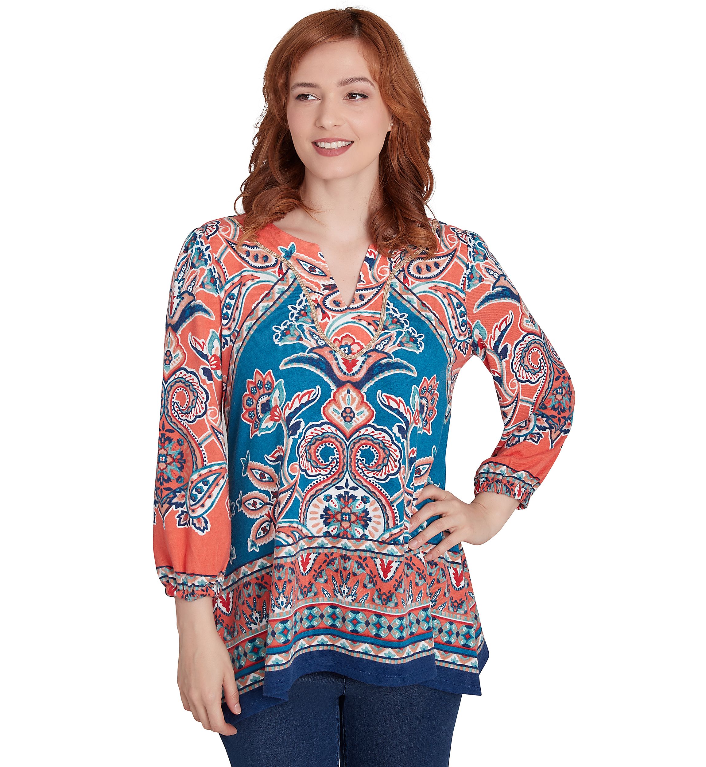 Womens Embellished Split Neck Baroque Motif Printed Hatchi Knit Top with Balloon Sleeves