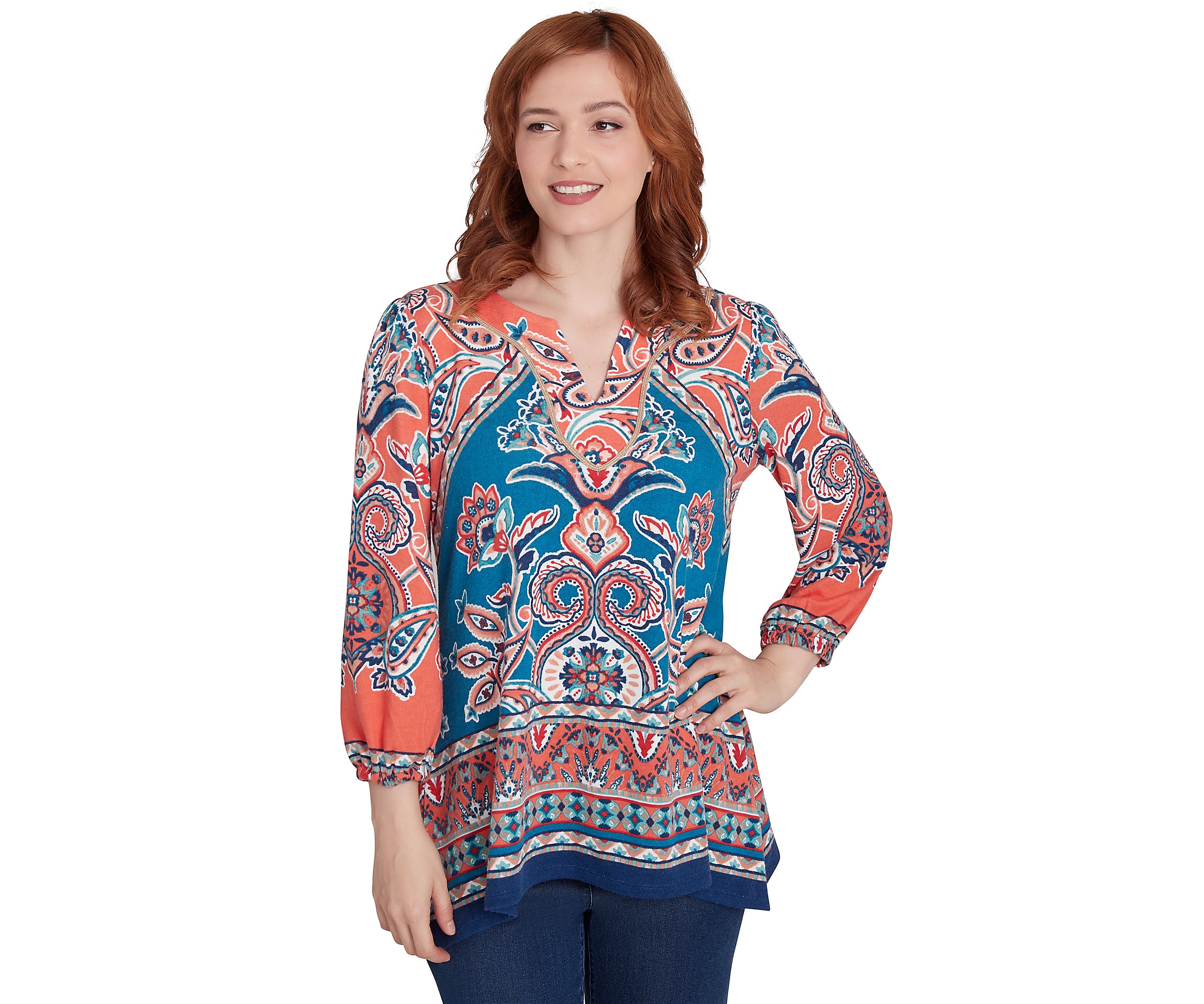 Womens Embellished Split Neck Baroque Motif Printed Hatchi Knit Top with Balloon Sleeves