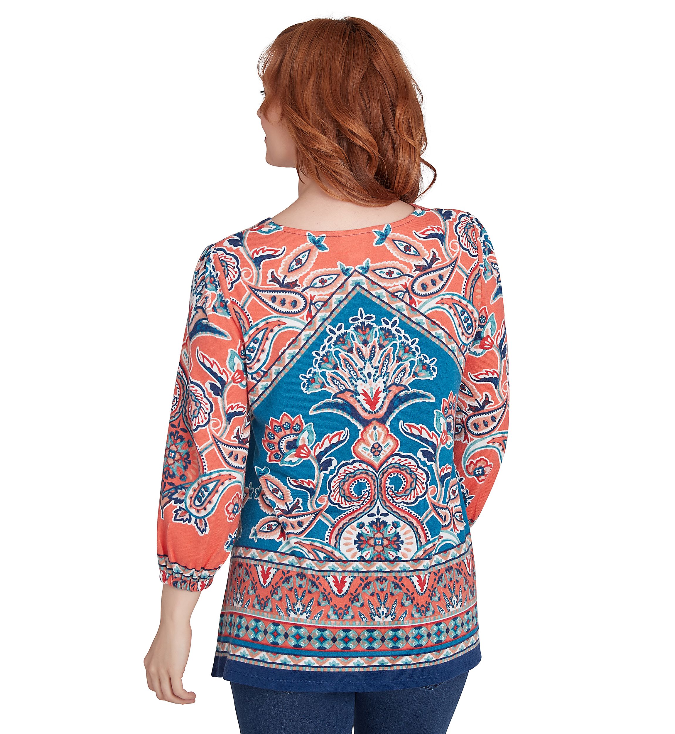 Womens Embellished Split Neck Baroque Motif Printed Hatchi Knit Top with Balloon Sleeves