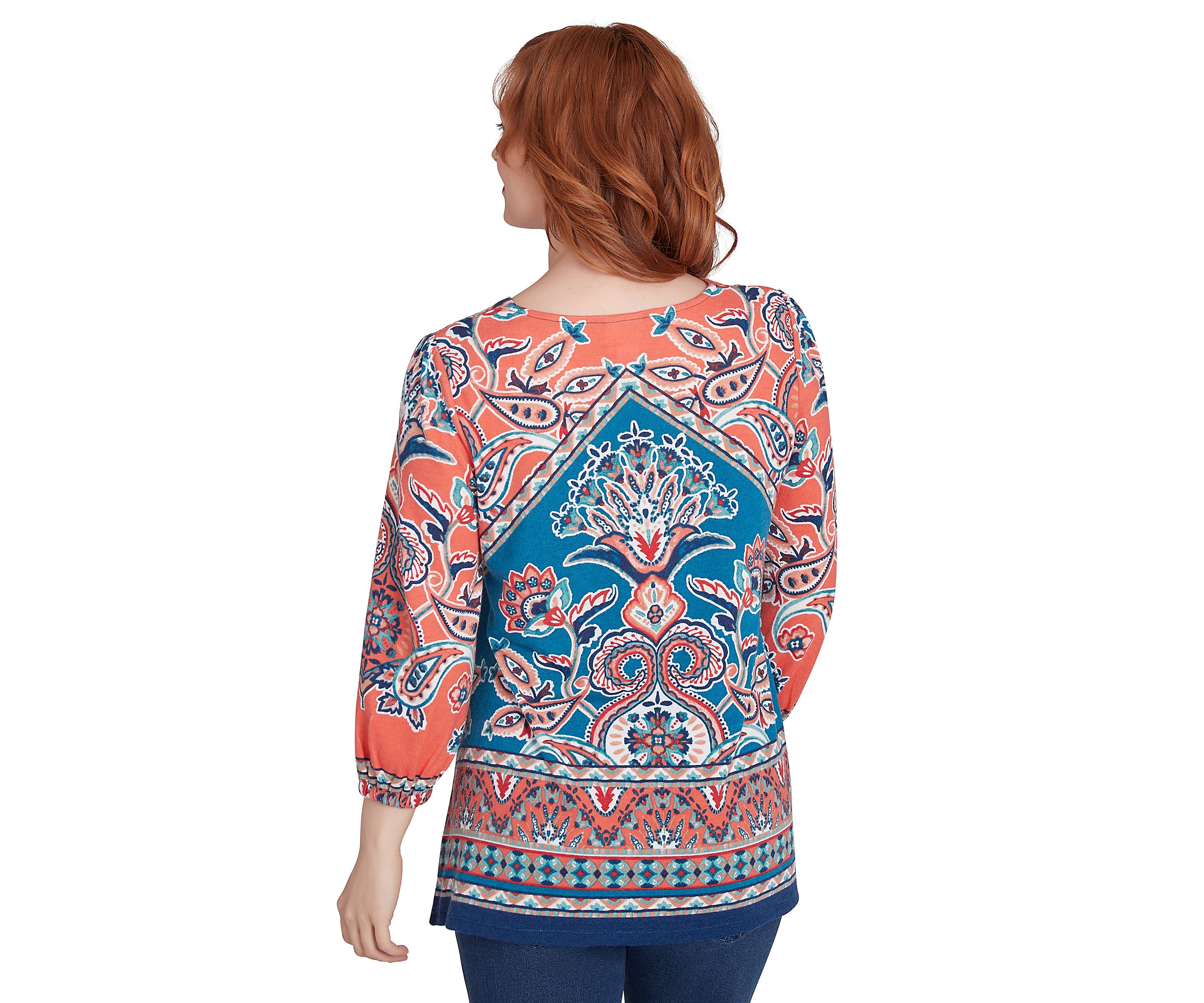 Womens Embellished Split Neck Baroque Motif Printed Hatchi Knit Top with Balloon Sleeves