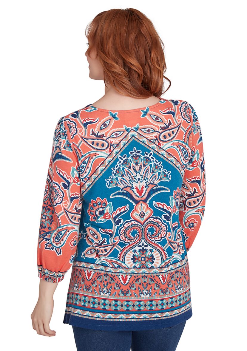 Womens Embellished Split Neck Baroque Motif Printed Hatchi Knit Top with Balloon Sleeves