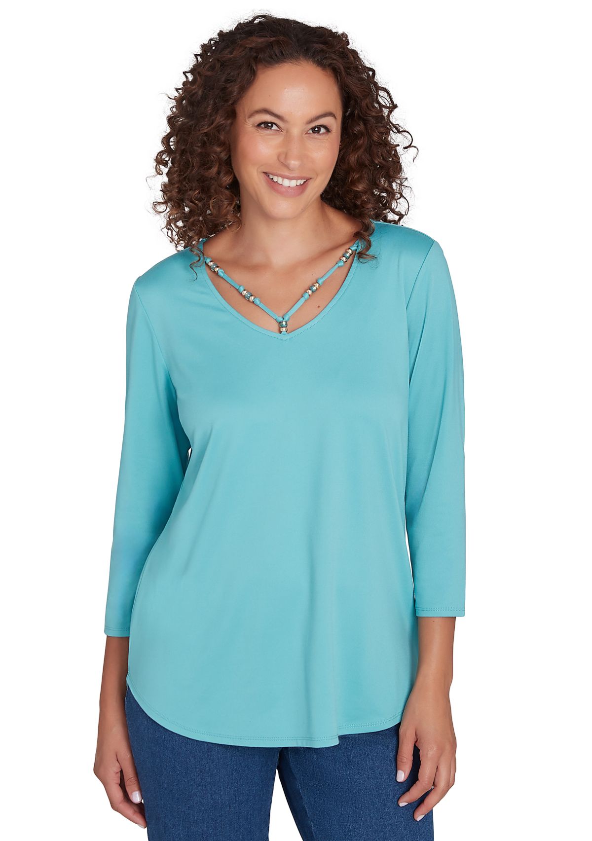 Womens V-Neck Solid Knit Top with Bead Detail