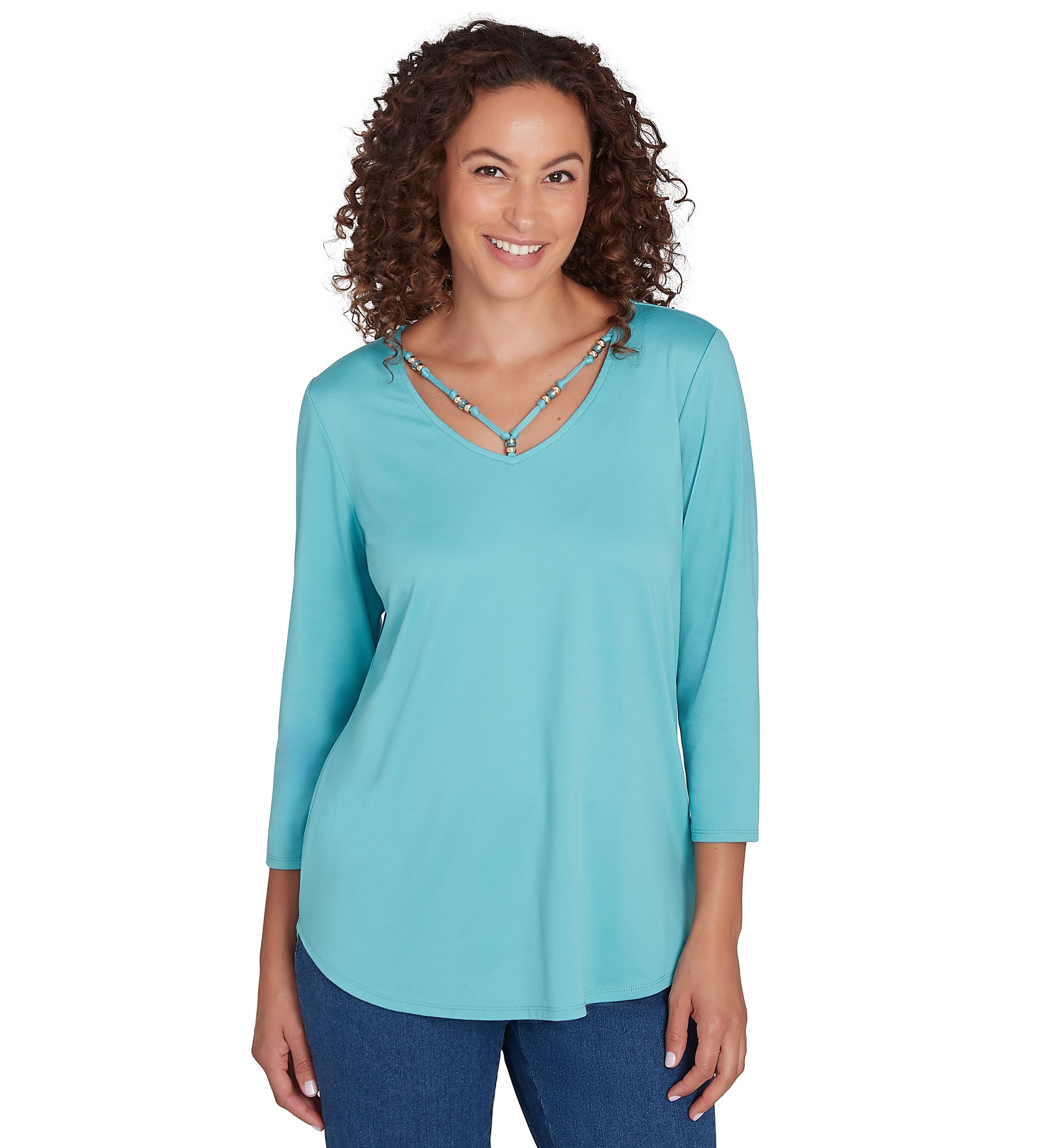 Womens V-Neck Solid Knit Top with Bead Detail
