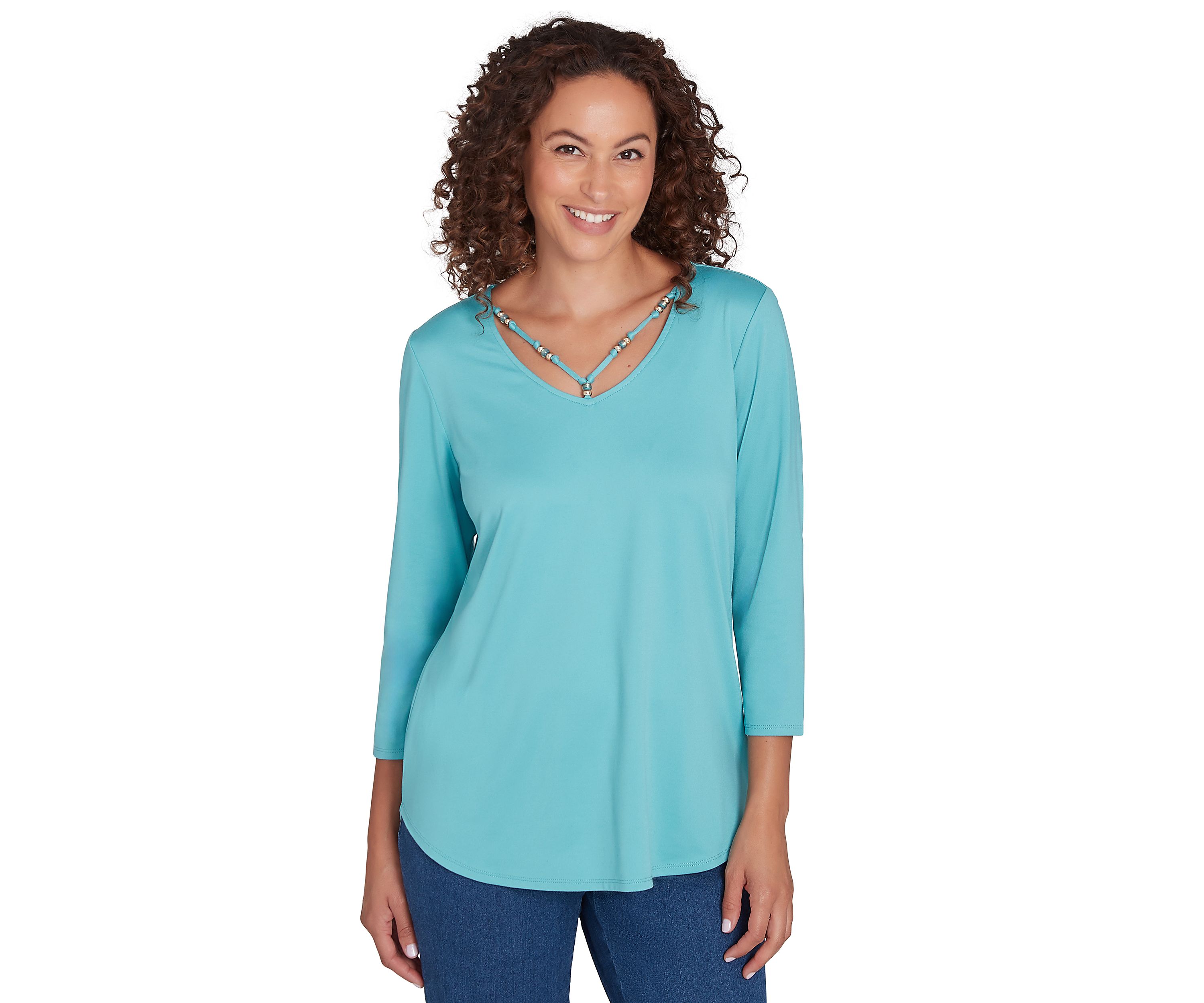 Womens V-Neck Solid Knit Top with Bead Detail