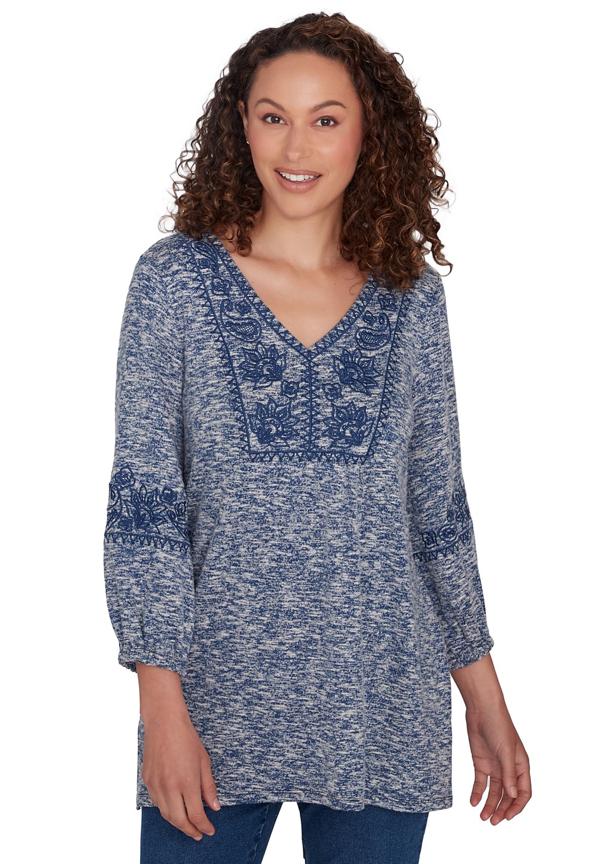 Embroidered V-Neck Hatchi Spacedye Knit Top With Balloon Sleeve