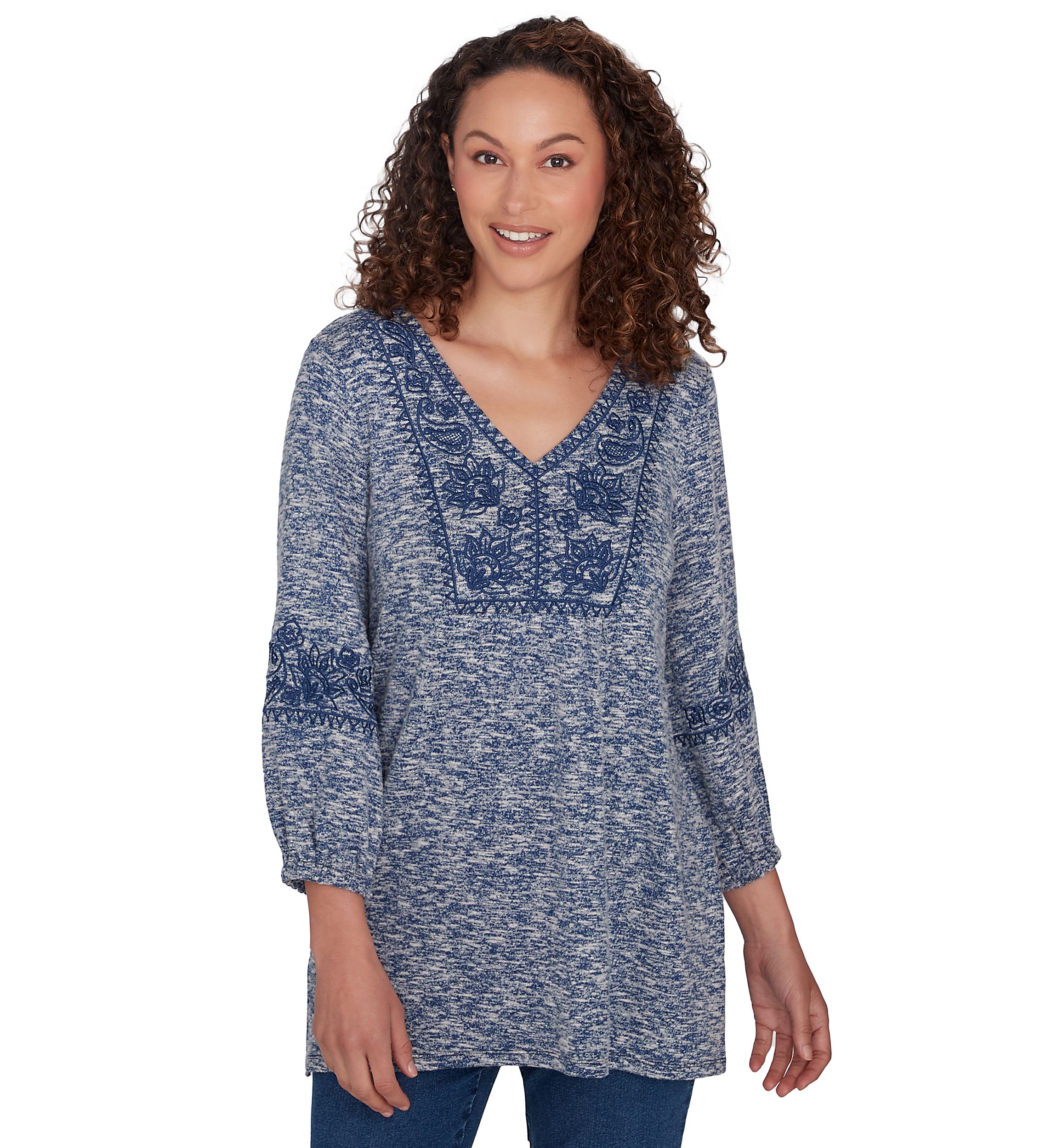 Embroidered V-Neck Hatchi Spacedye Knit Top With Balloon Sleeve