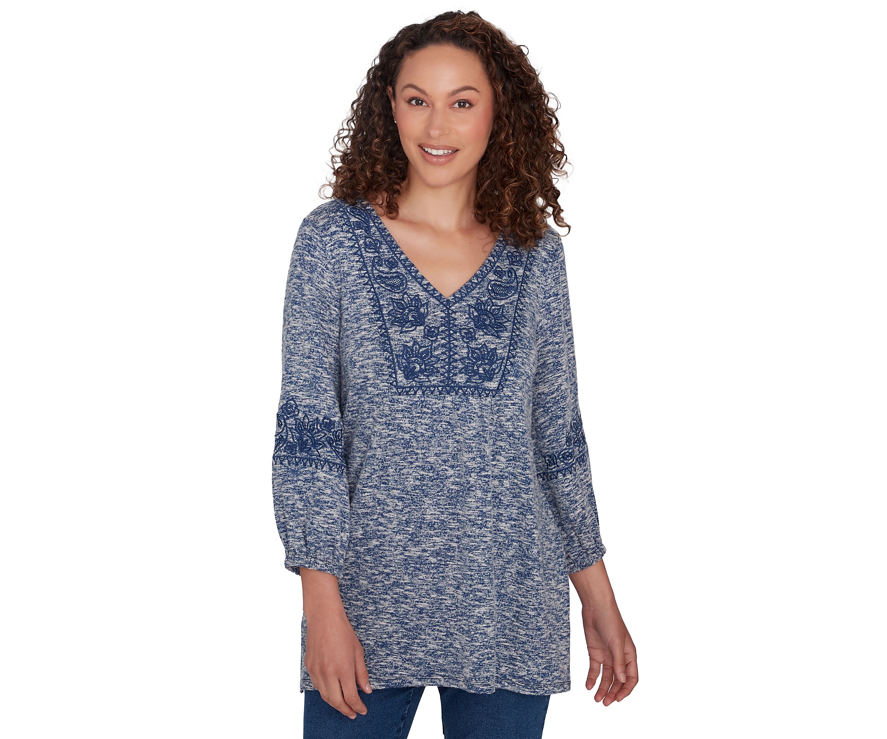 Embroidered V-Neck Hatchi Spacedye Knit Top With Balloon Sleeve