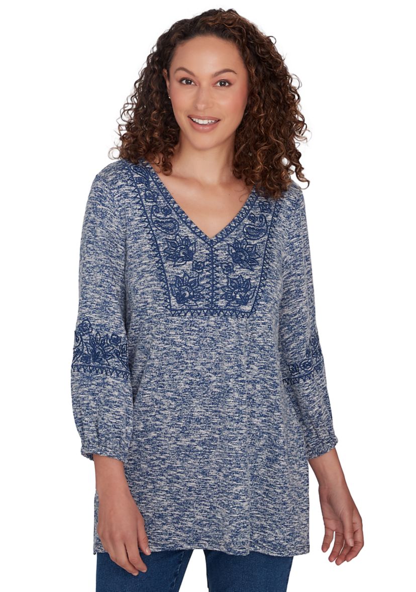 Embroidered V-Neck Hatchi Spacedye Knit Top With Balloon Sleeve
