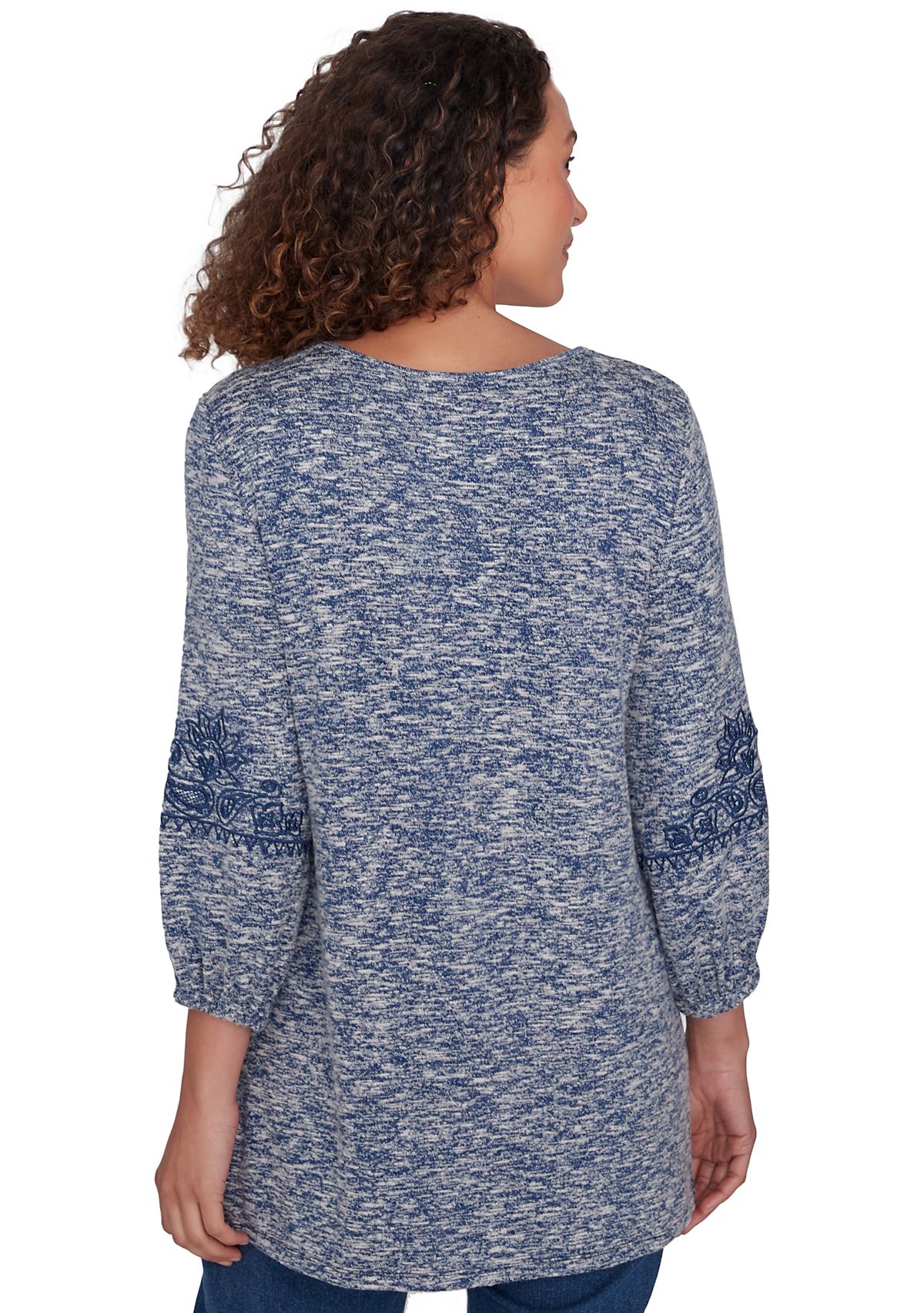 Embroidered V-Neck Hatchi Spacedye Knit Top With Balloon Sleeve