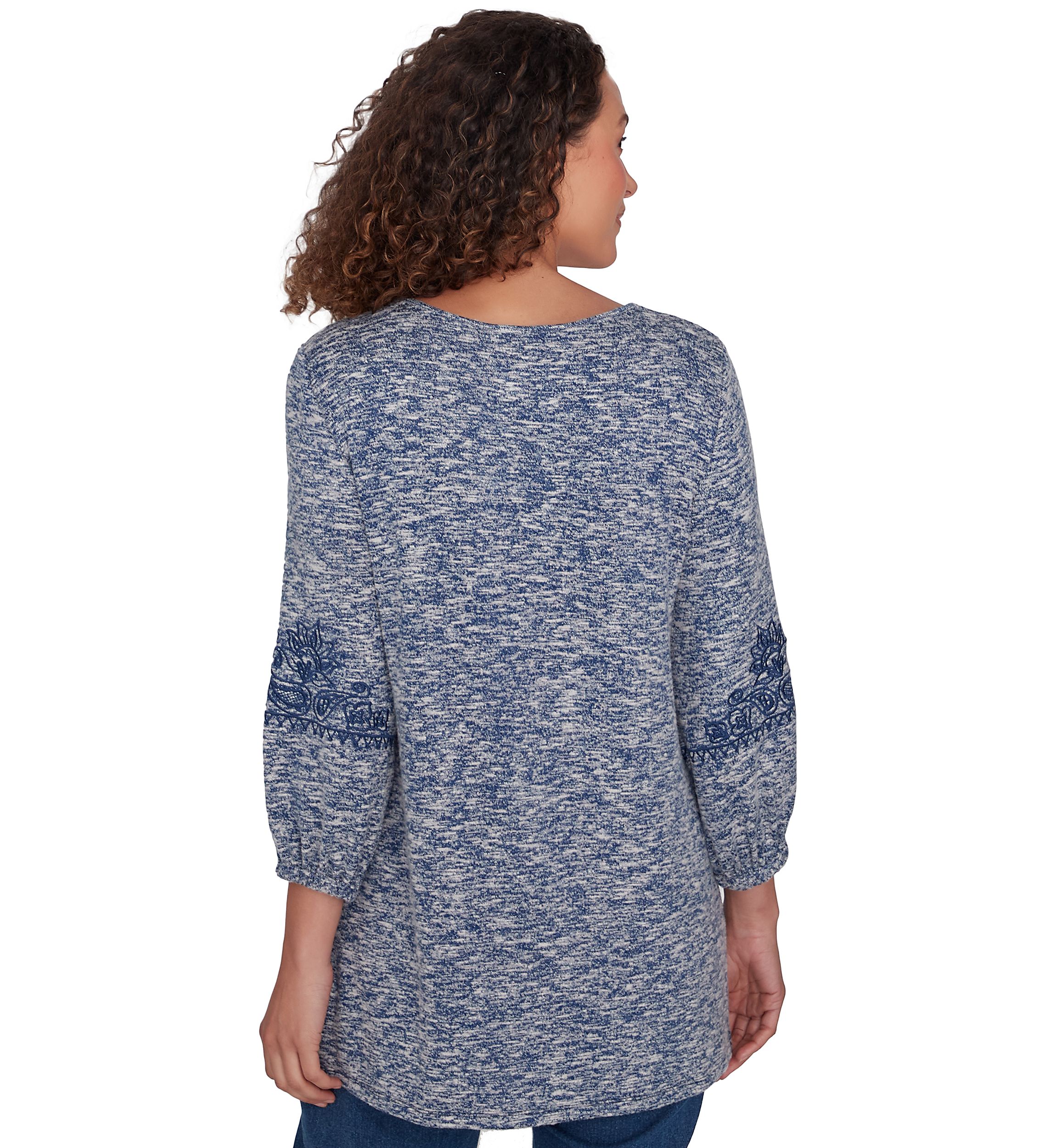 Embroidered V-Neck Hatchi Spacedye Knit Top With Balloon Sleeve