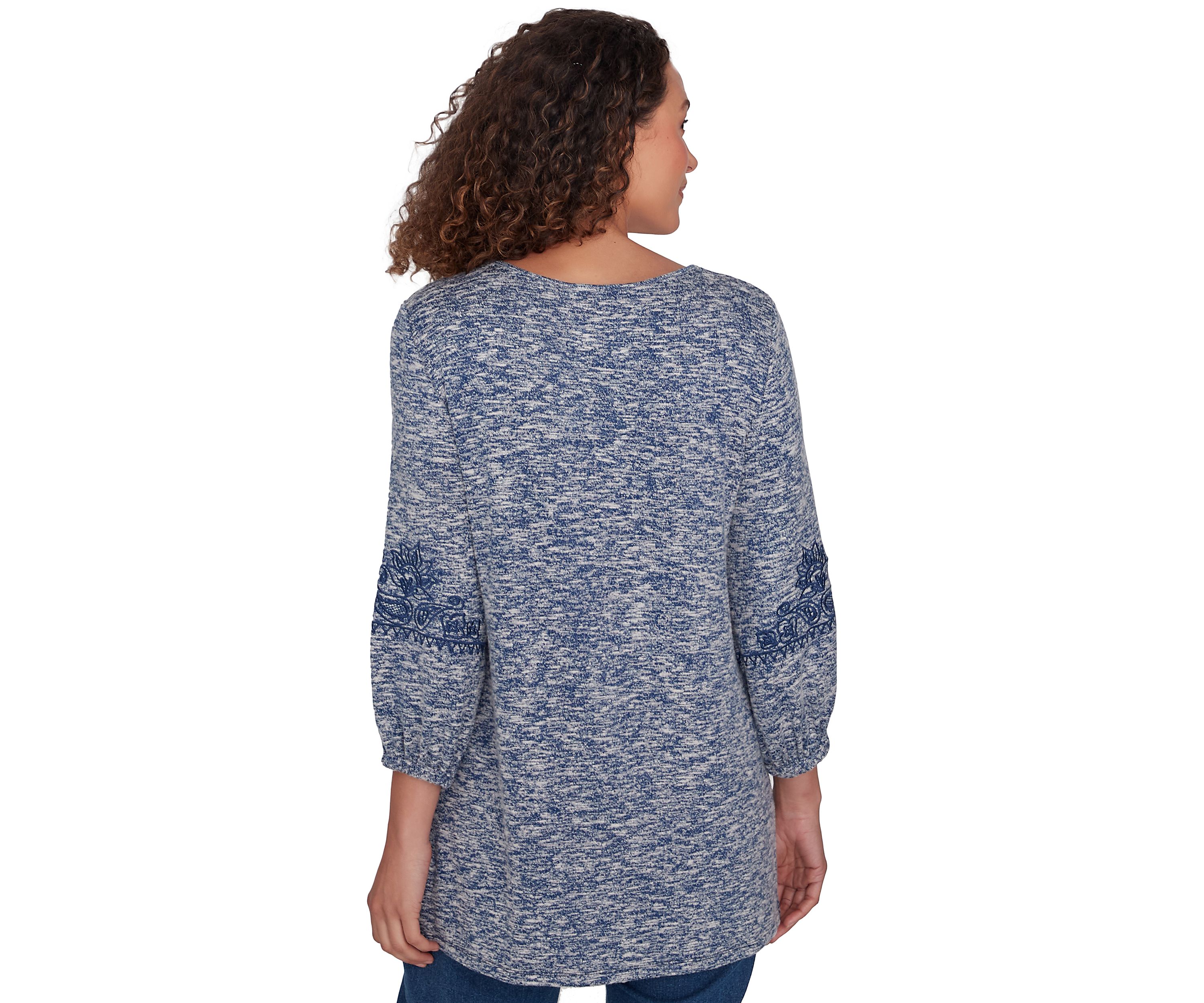 Embroidered V-Neck Hatchi Spacedye Knit Top With Balloon Sleeve