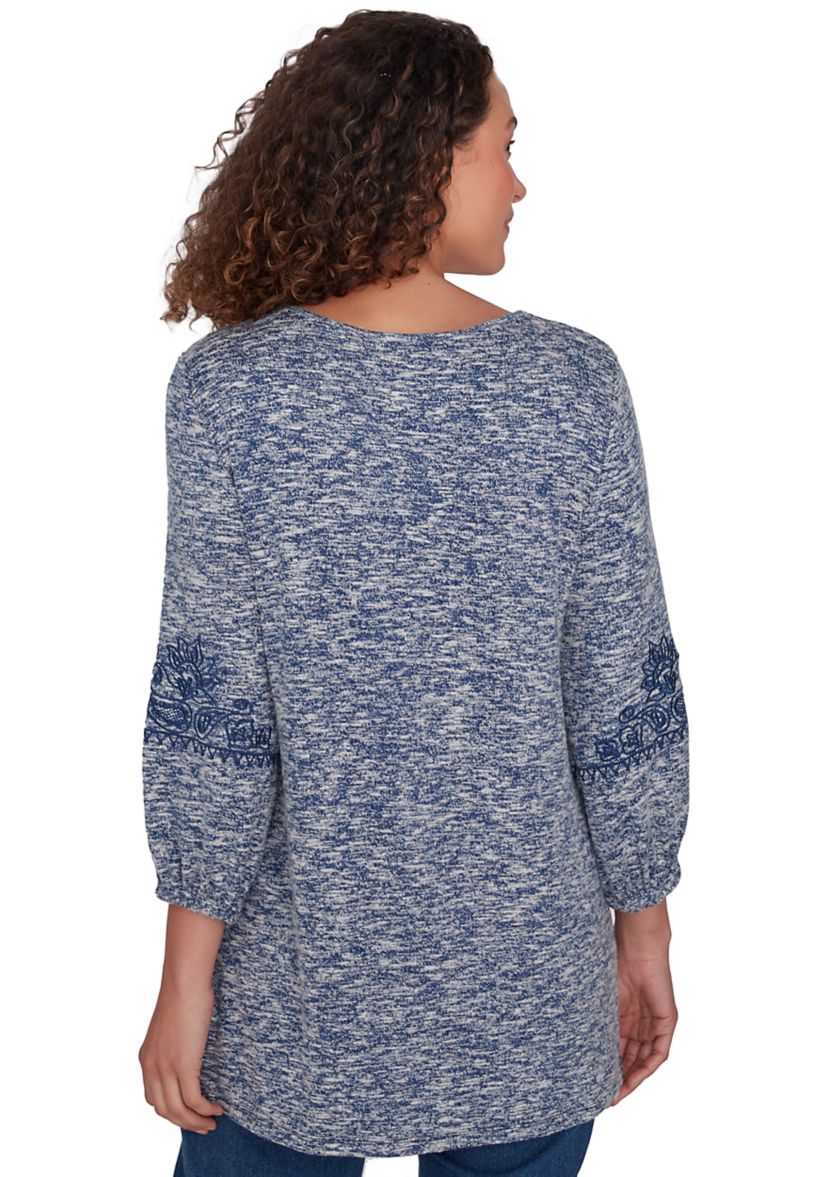 Embroidered V-Neck Hatchi Spacedye Knit Top With Balloon Sleeve