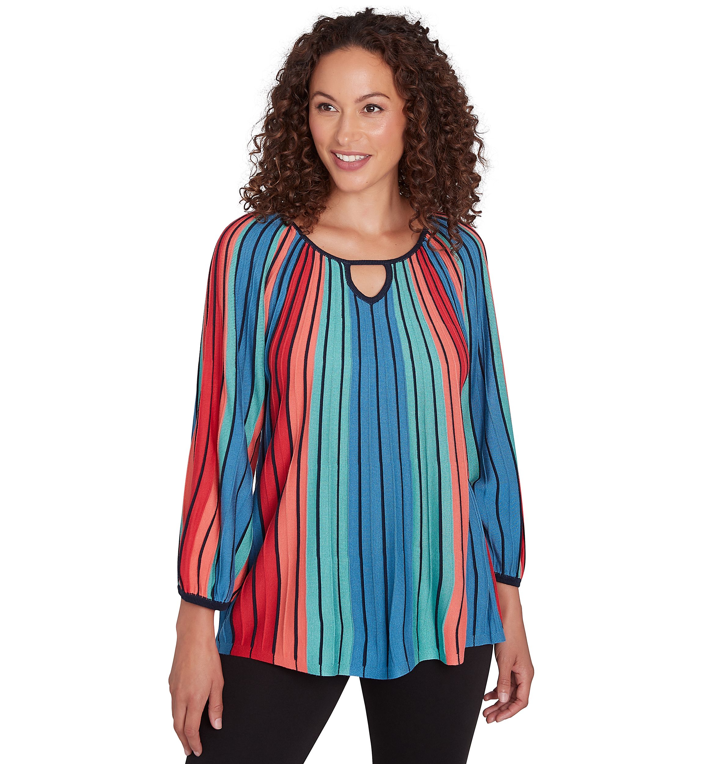 Womens Ballet Neck Gored Stripe Sweater with Three Quarter Balloon Sleeves