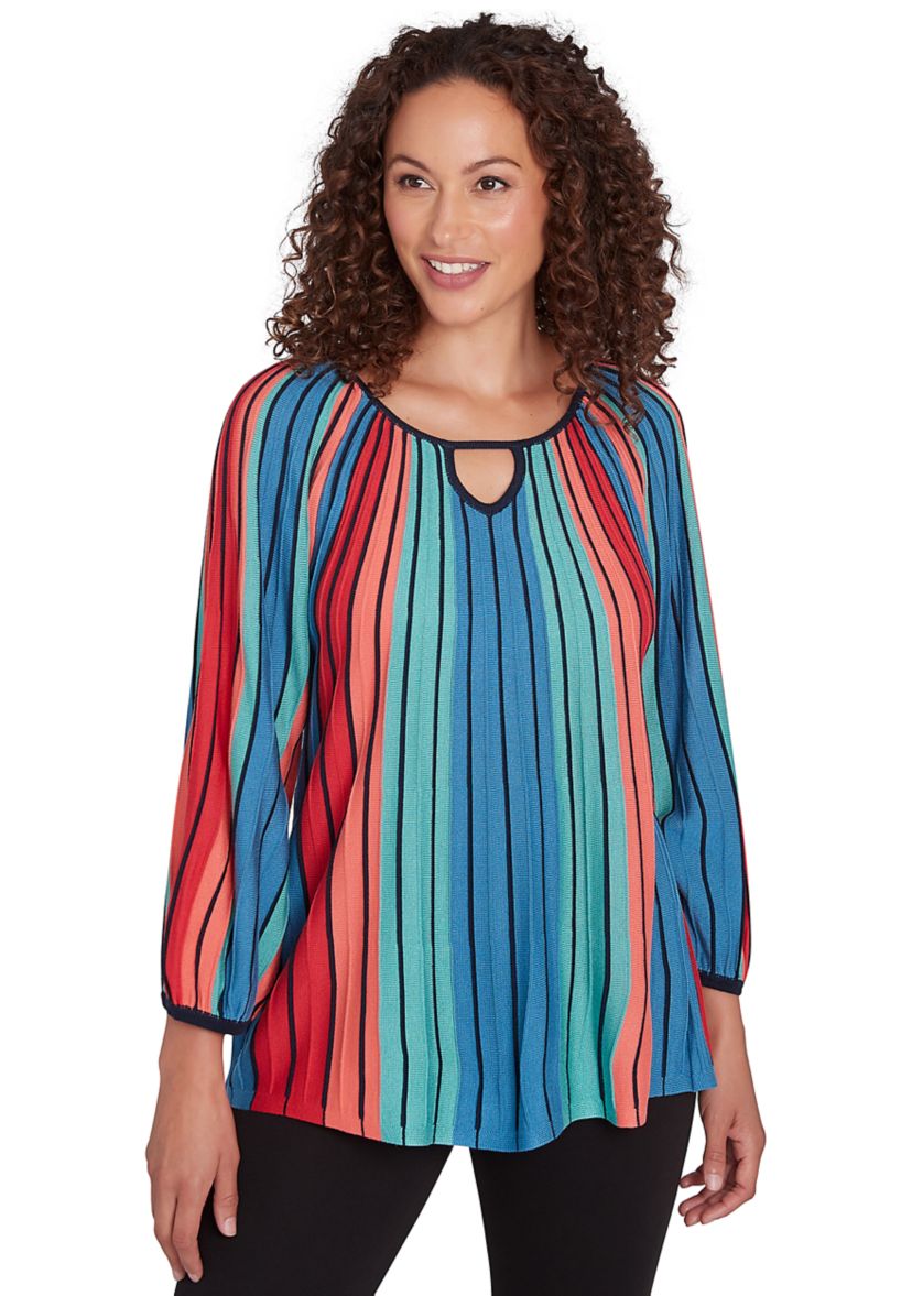 Womens Ballet Neck Gored Stripe Sweater with Three Quarter Balloon Sleeves