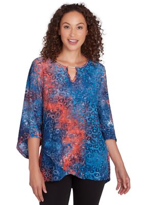 Ruby Rd Women's Scoop Neck With Bar Detail Tie Dyed Spots Jacquard Knit Top