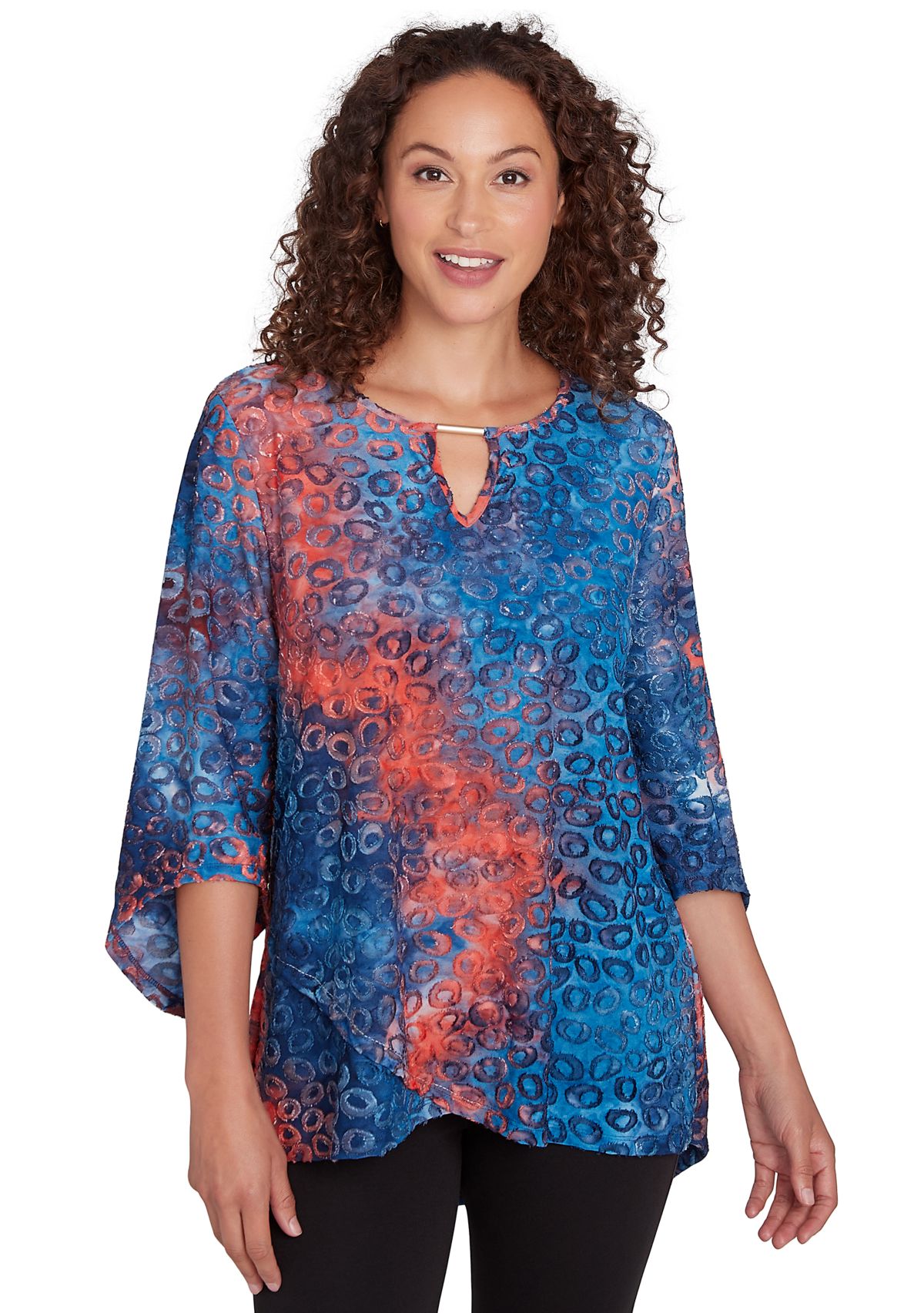Womens Scoop Neck With Bar Detail Tie Dyed Spots Jacquard Knit Top