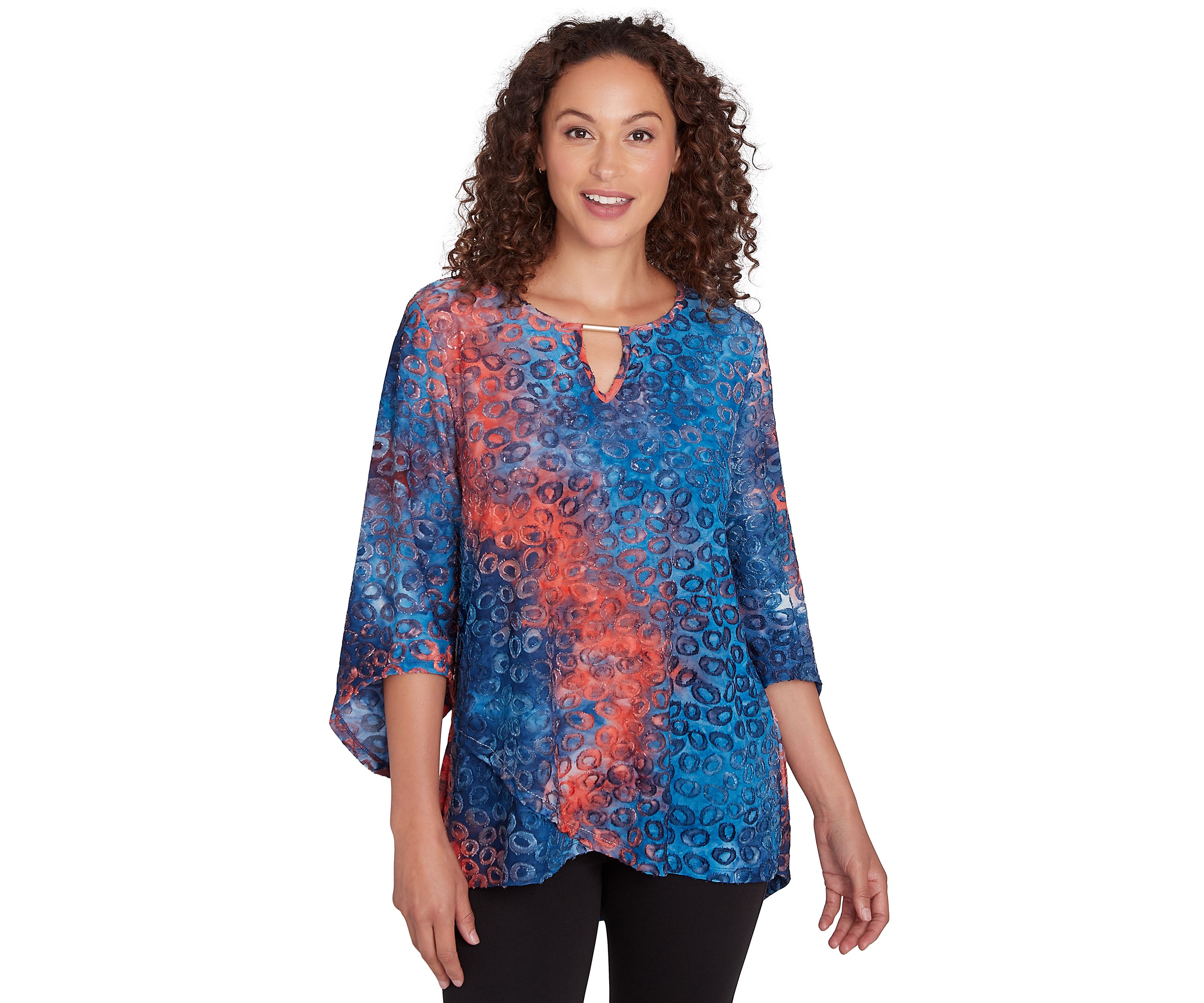 Womens Scoop Neck With Bar Detail Tie Dyed Spots Jacquard Knit Top