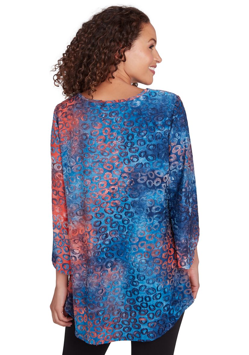 Womens Scoop Neck With Bar Detail Tie Dyed Spots Jacquard Knit Top