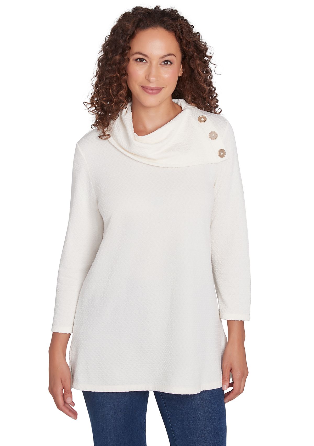 Womens Split Cowl Neck Solid Textural Knit Top