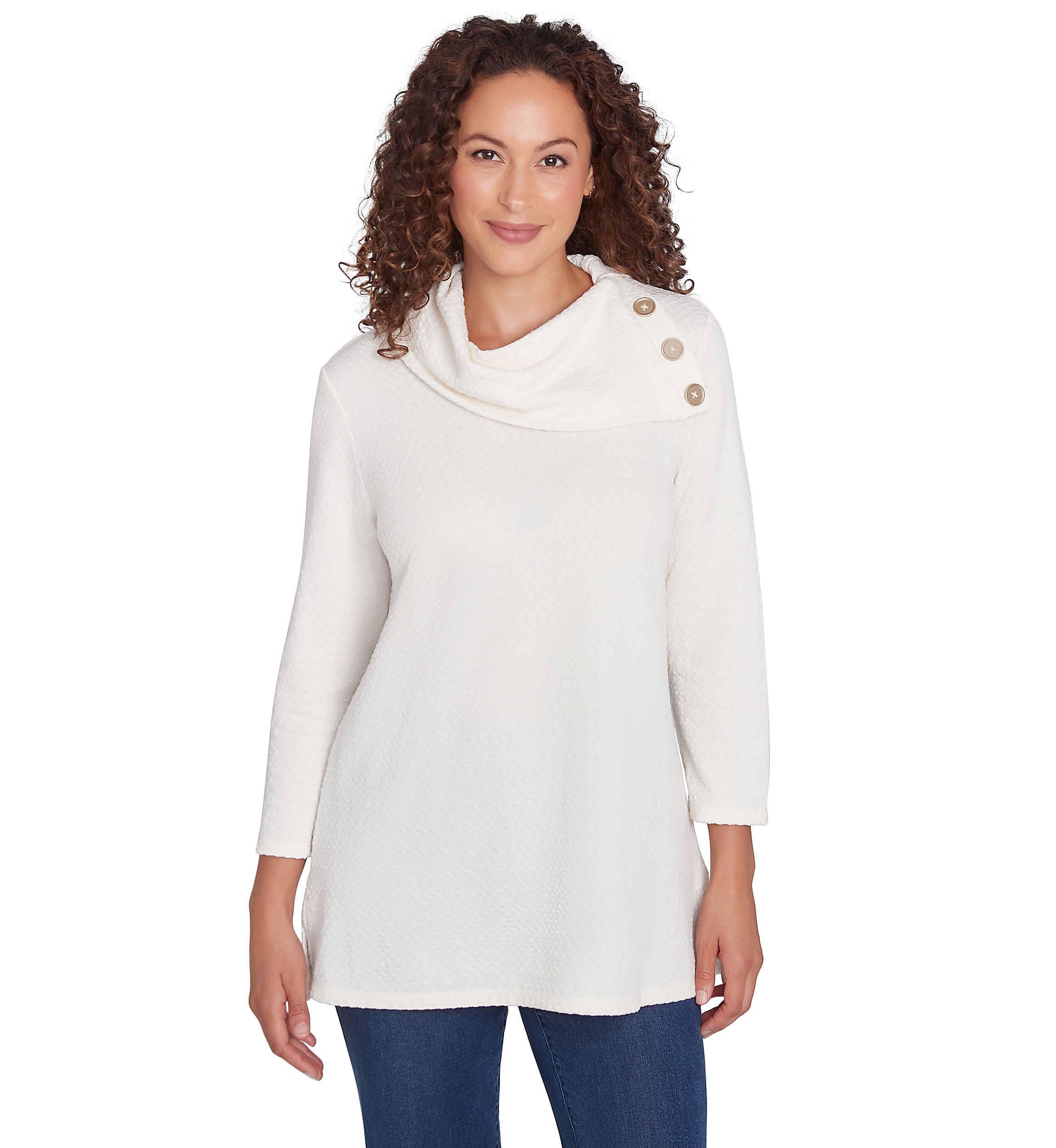 Womens Split Cowl Neck Solid Textural Knit Top