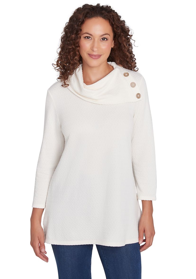 Womens Split Cowl Neck Solid Textural Knit Top