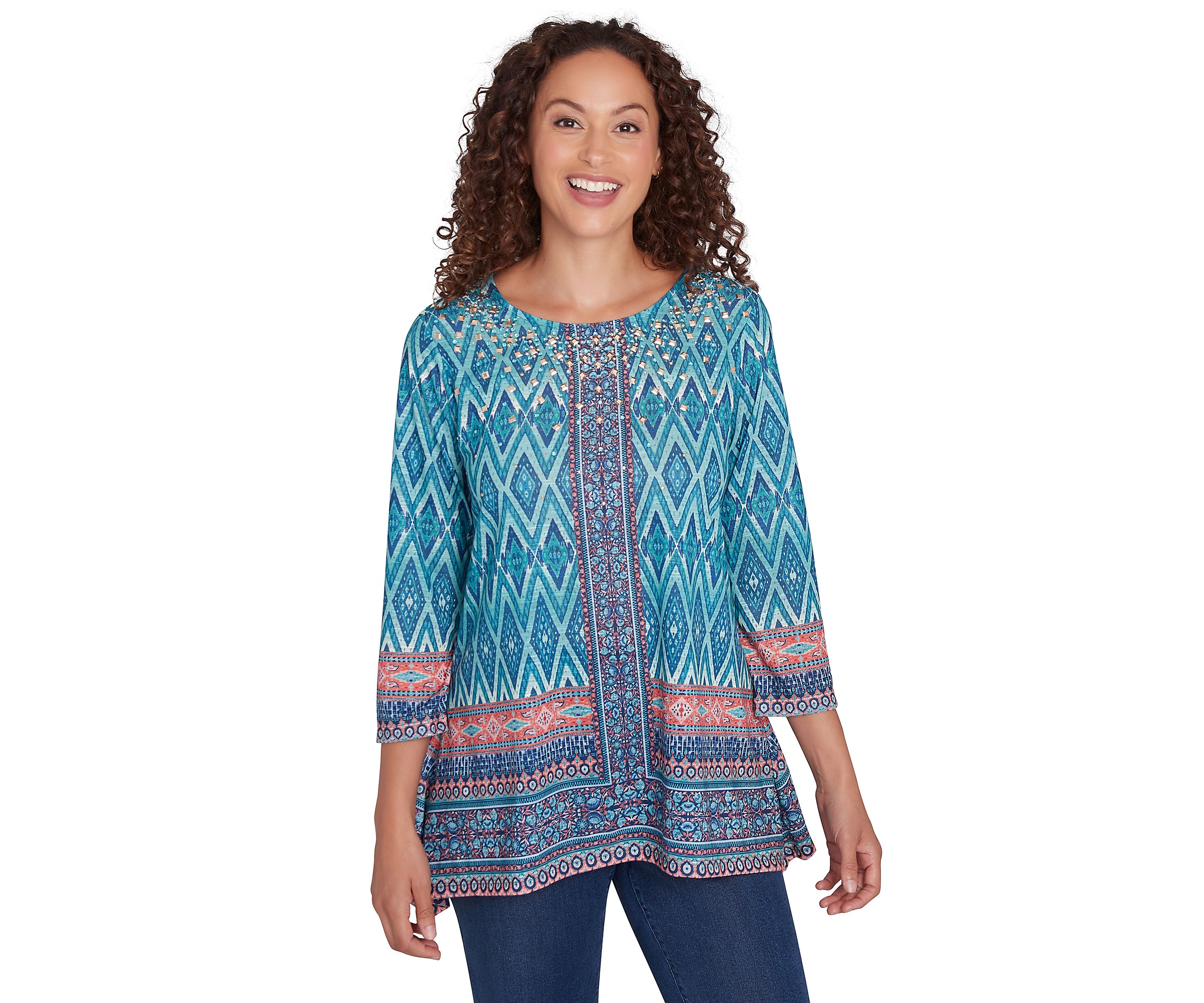 Womens Embellished Scoop Neck Placement Print Slub Jersey Shark Bite Top