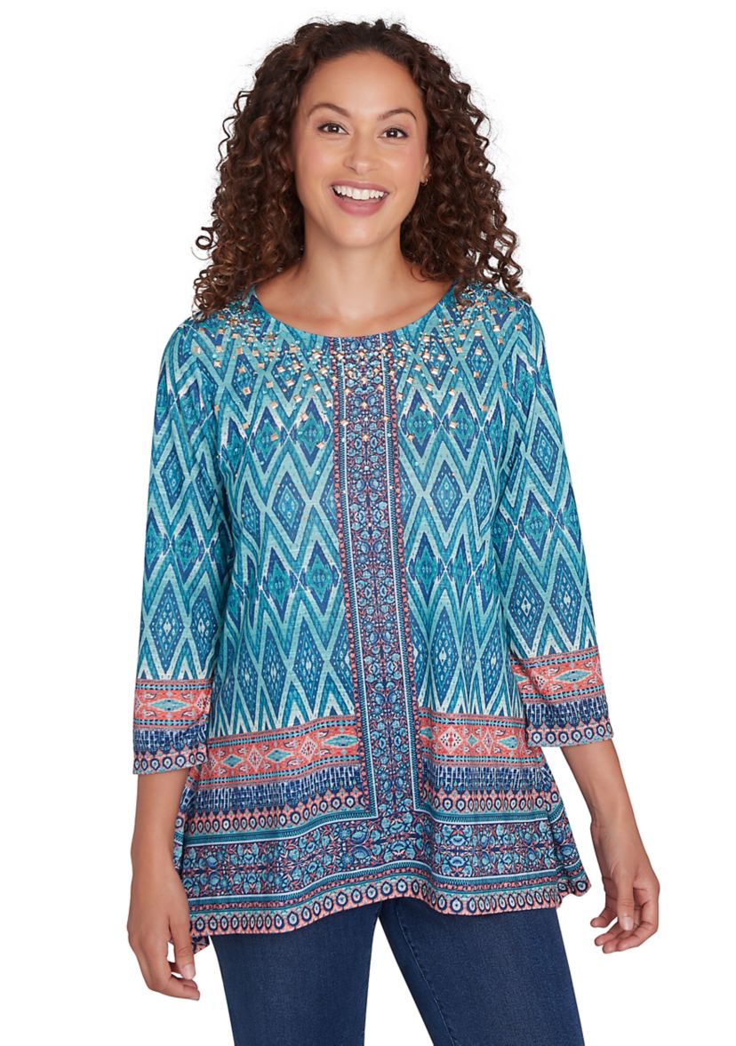 Womens Embellished Scoop Neck Placement Print Slub Jersey Shark Bite Top