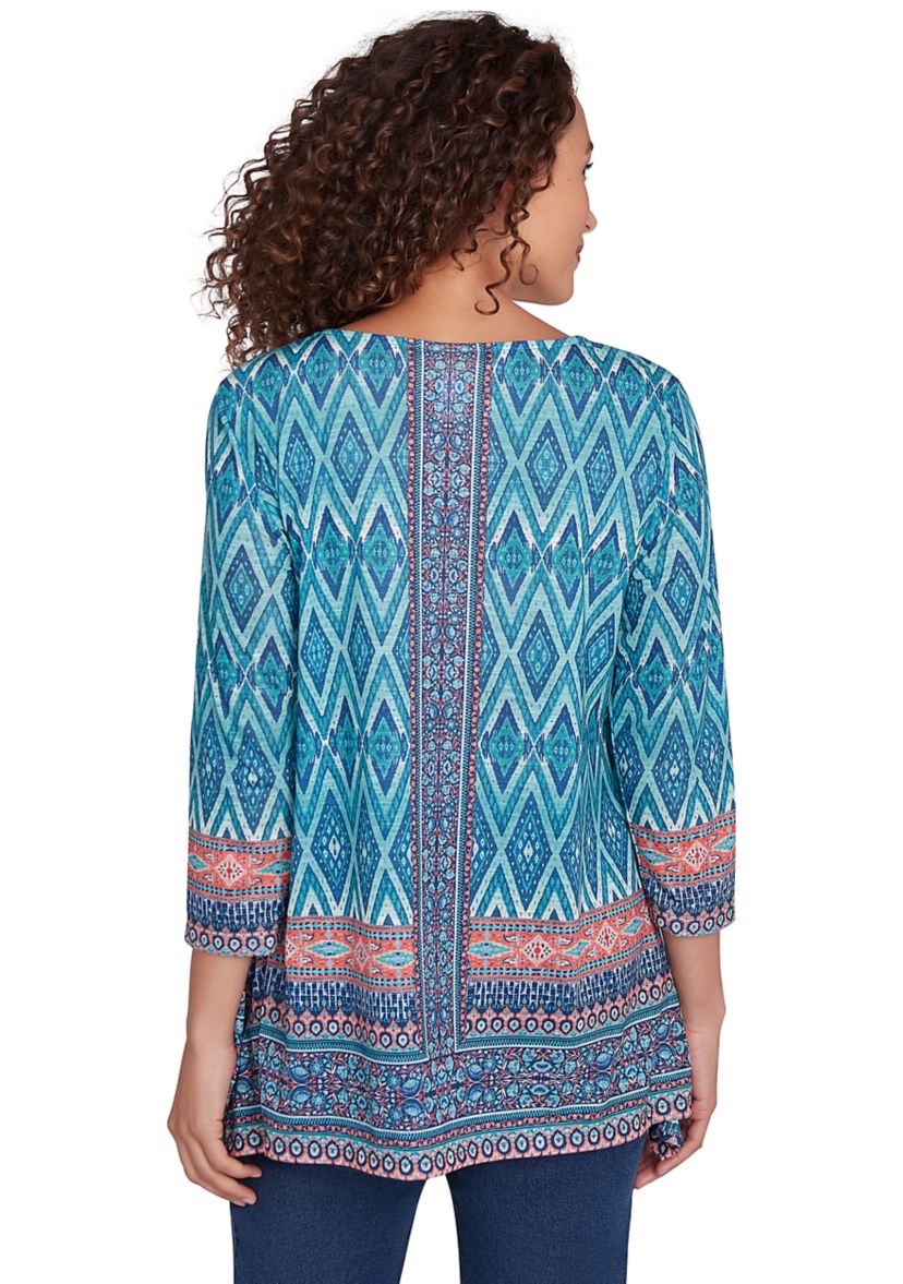 Womens Embellished Scoop Neck Placement Print Slub Jersey Shark Bite Top