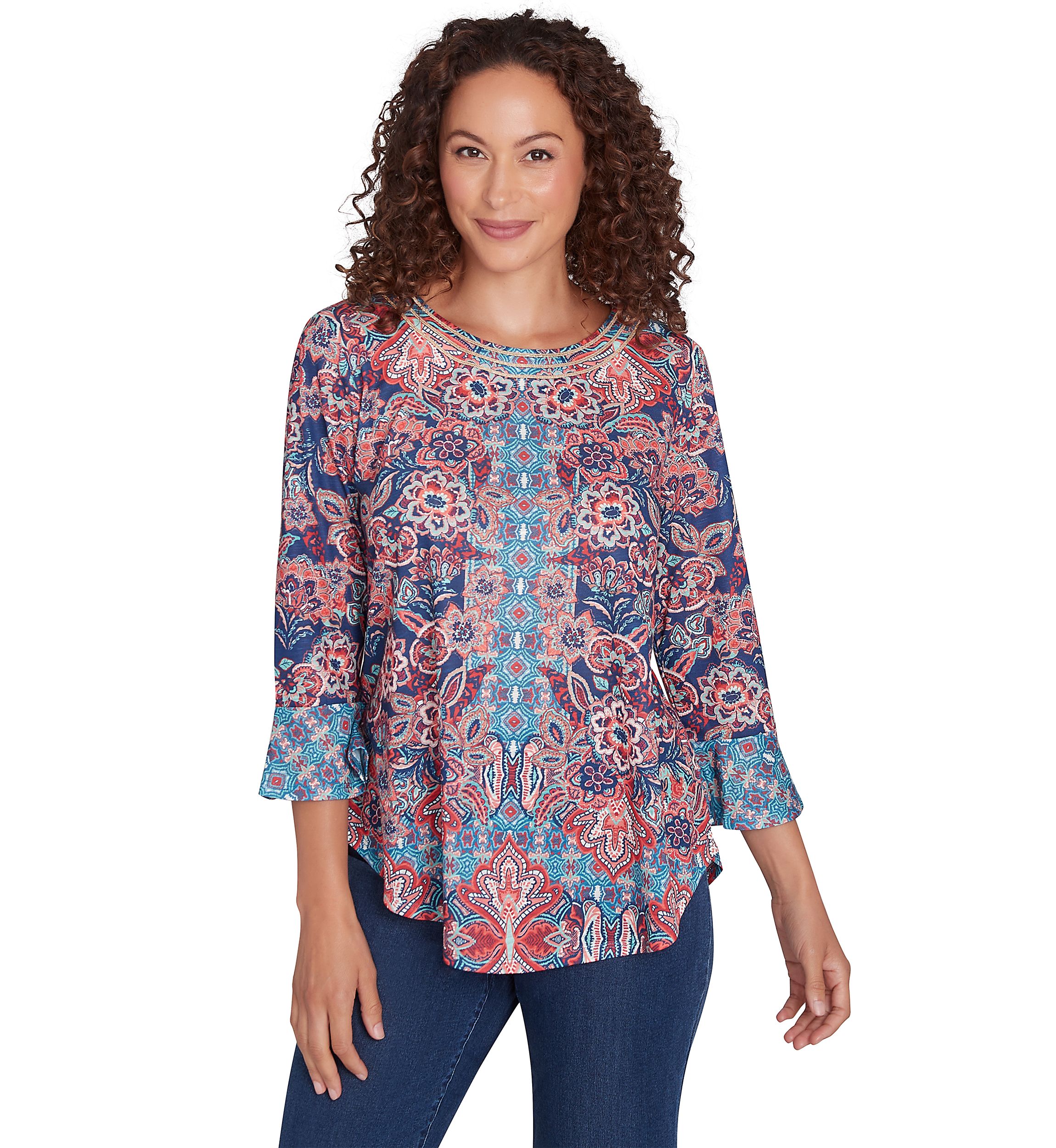 Womens Embellished Scoop Neck Floral Print Slub Jersey Top with Flounce Sleeves