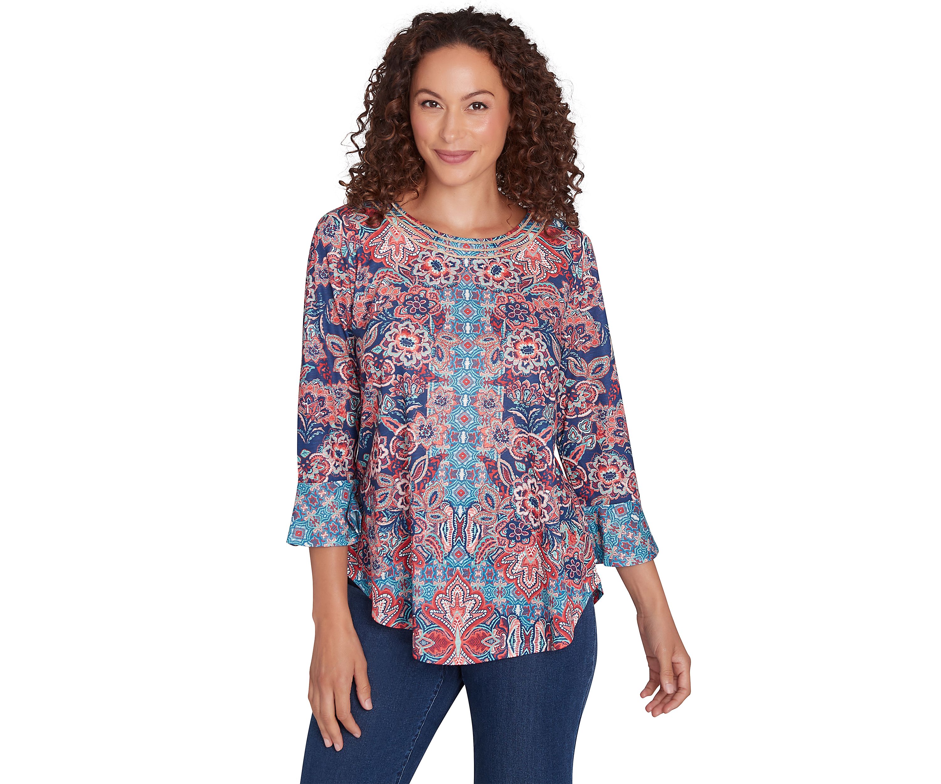 Womens Embellished Scoop Neck Floral Print Slub Jersey Top with Flounce Sleeves