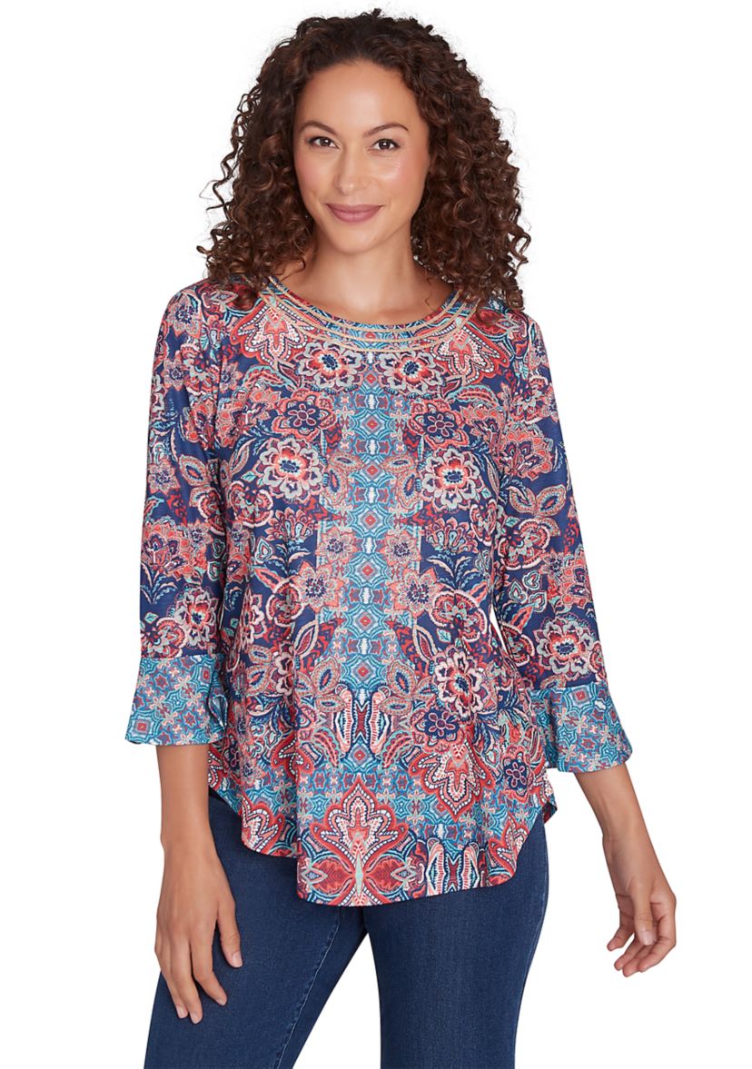 Womens Embellished Scoop Neck Floral Print Slub Jersey Top with Flounce Sleeves