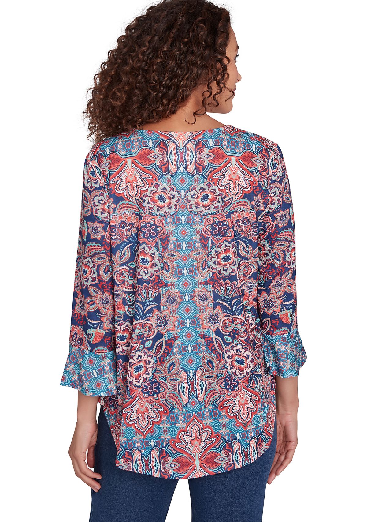 Womens Embellished Scoop Neck Floral Print Slub Jersey Top with Flounce Sleeves