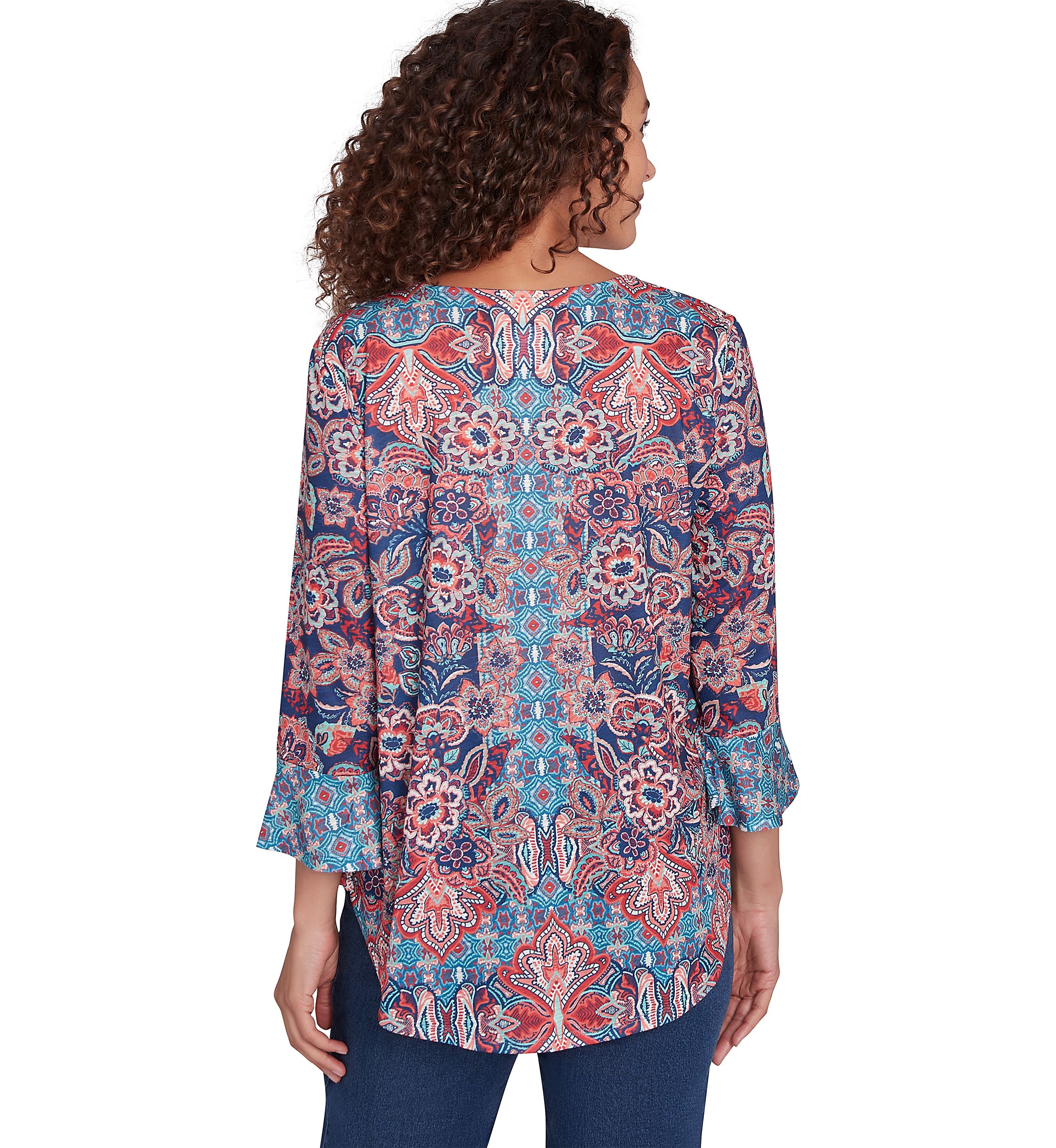 Womens Embellished Scoop Neck Floral Print Slub Jersey Top with Flounce Sleeves