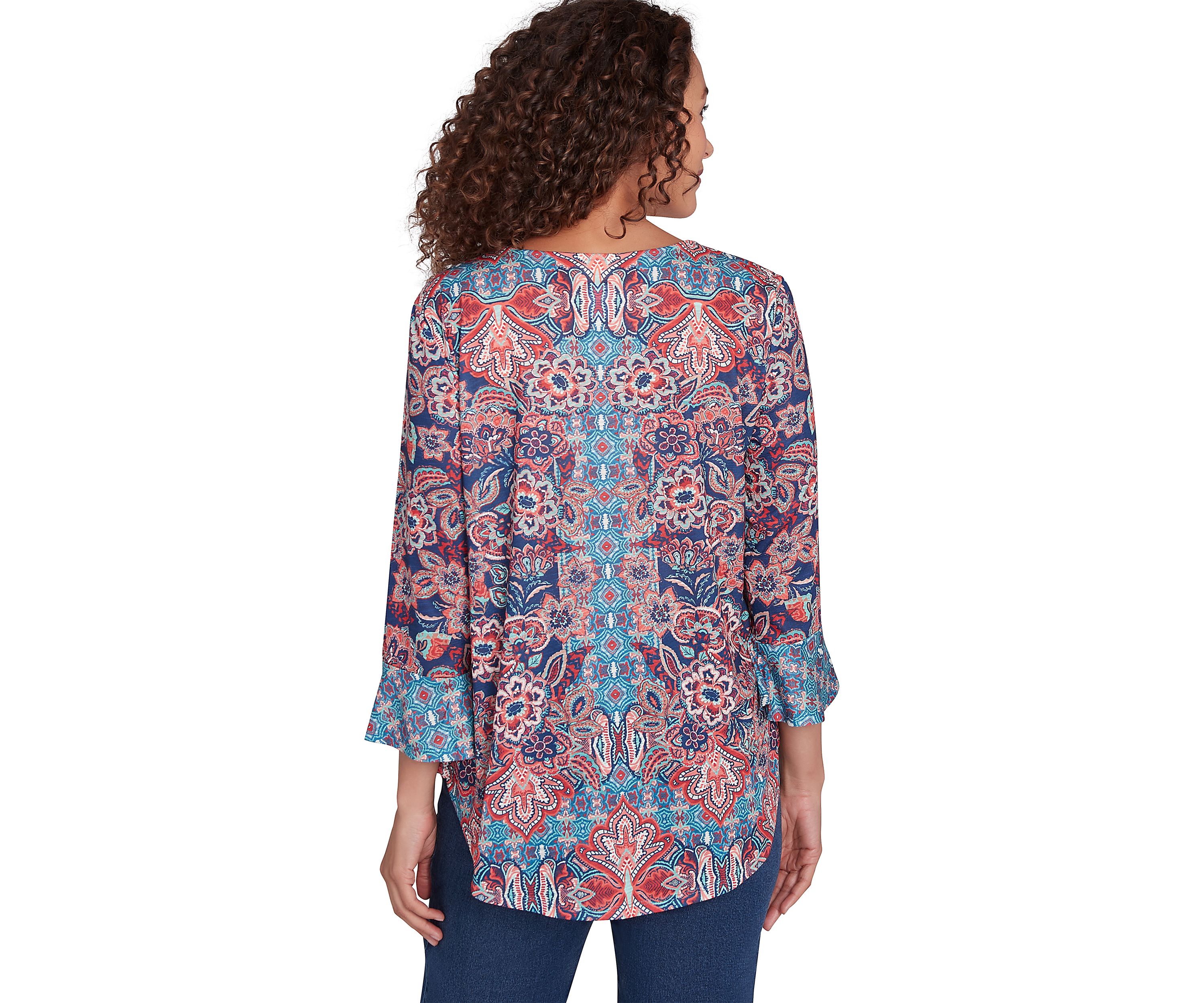 Womens Embellished Scoop Neck Floral Print Slub Jersey Top with Flounce Sleeves