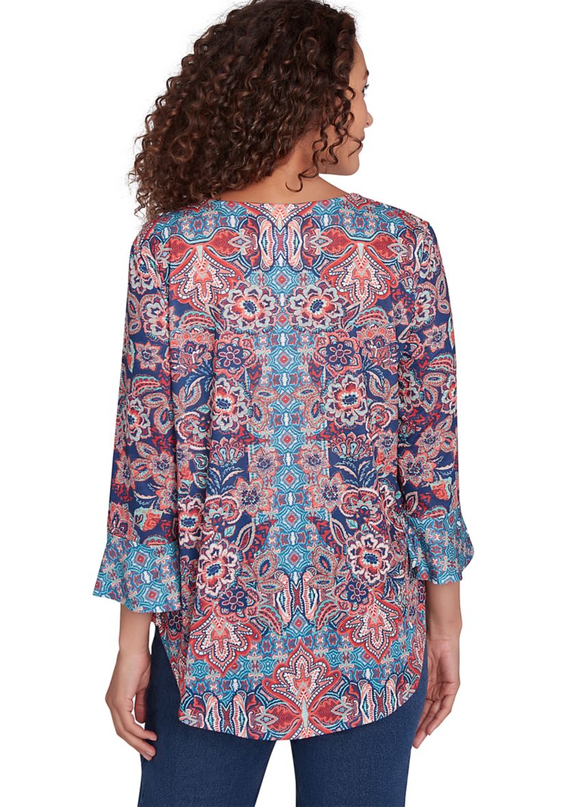 Womens Embellished Scoop Neck Floral Print Slub Jersey Top with Flounce Sleeves